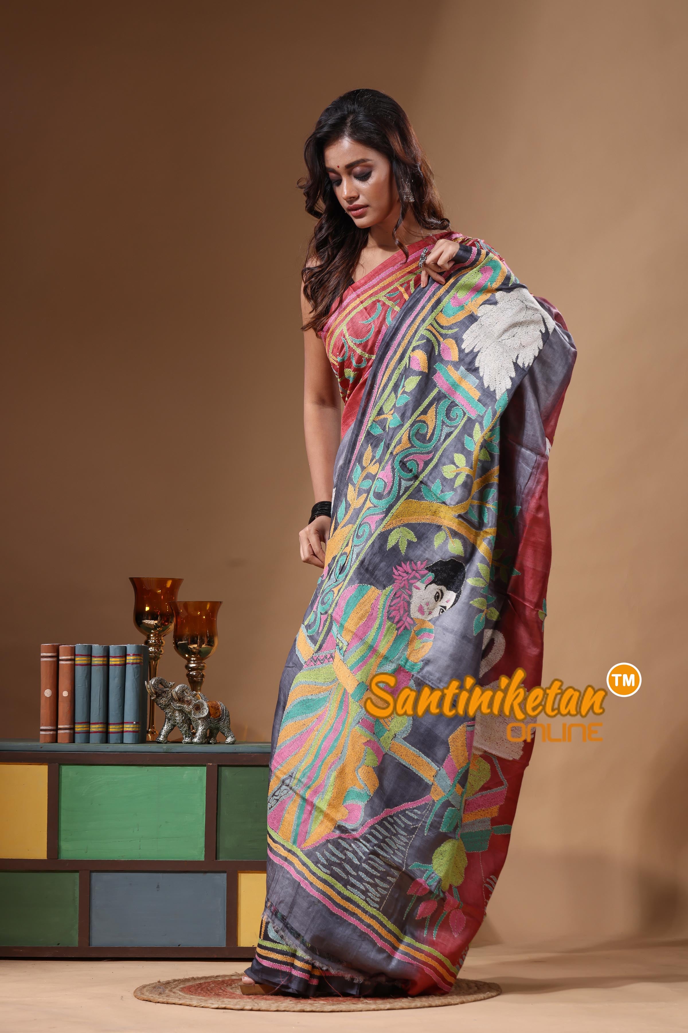 Dye Pure Gachi Tussar Kantha Stitch Saree SN2631535