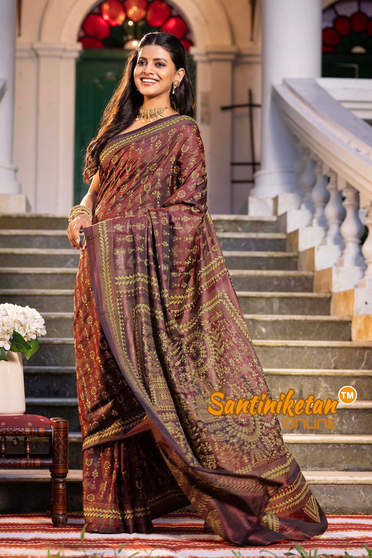 Marron Bangalore Silk Kantha Stitch Saree SN2631792