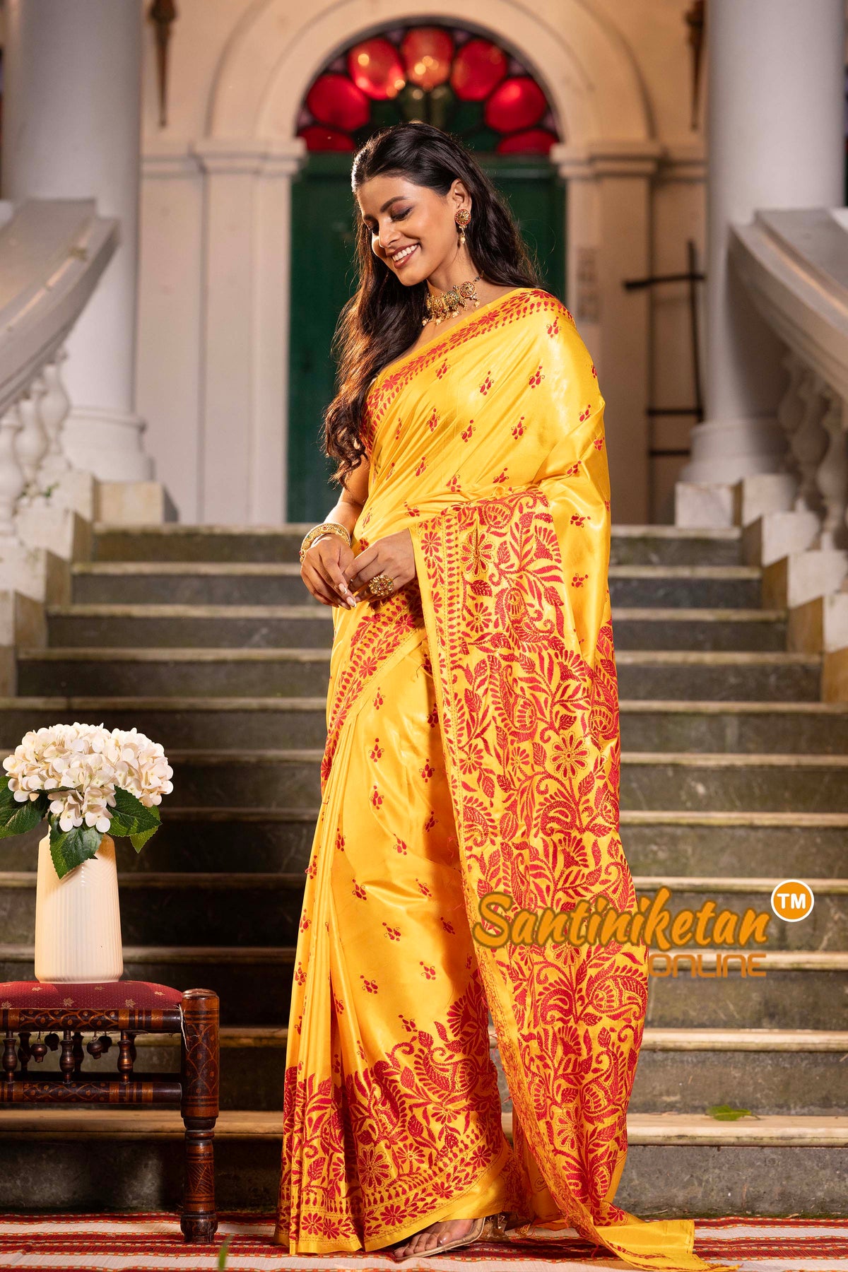 Yellow Bangalore Silk Kantha Stitch Saree SN2631838