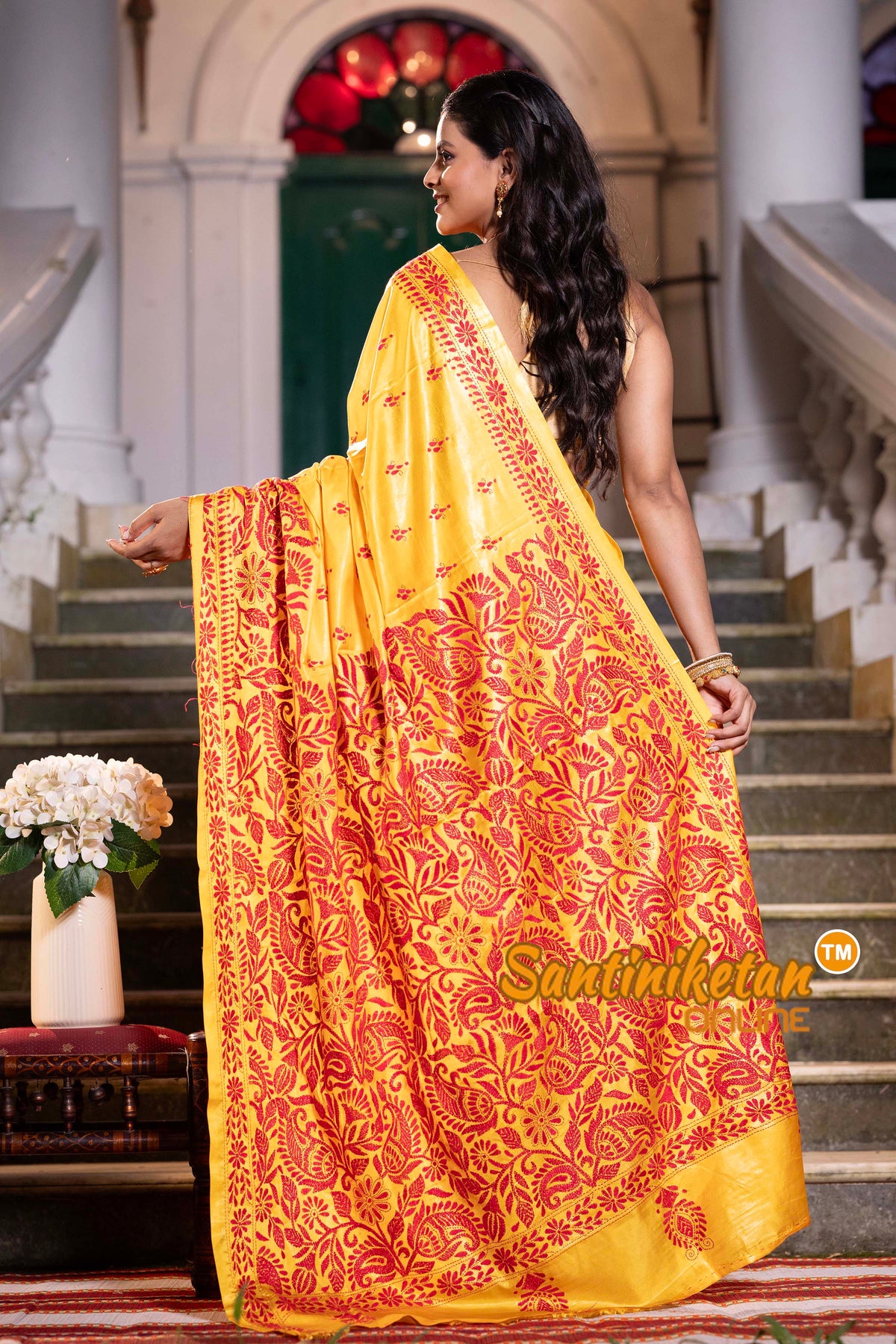 Yellow Bangalore Silk Kantha Stitch Saree SN2631838