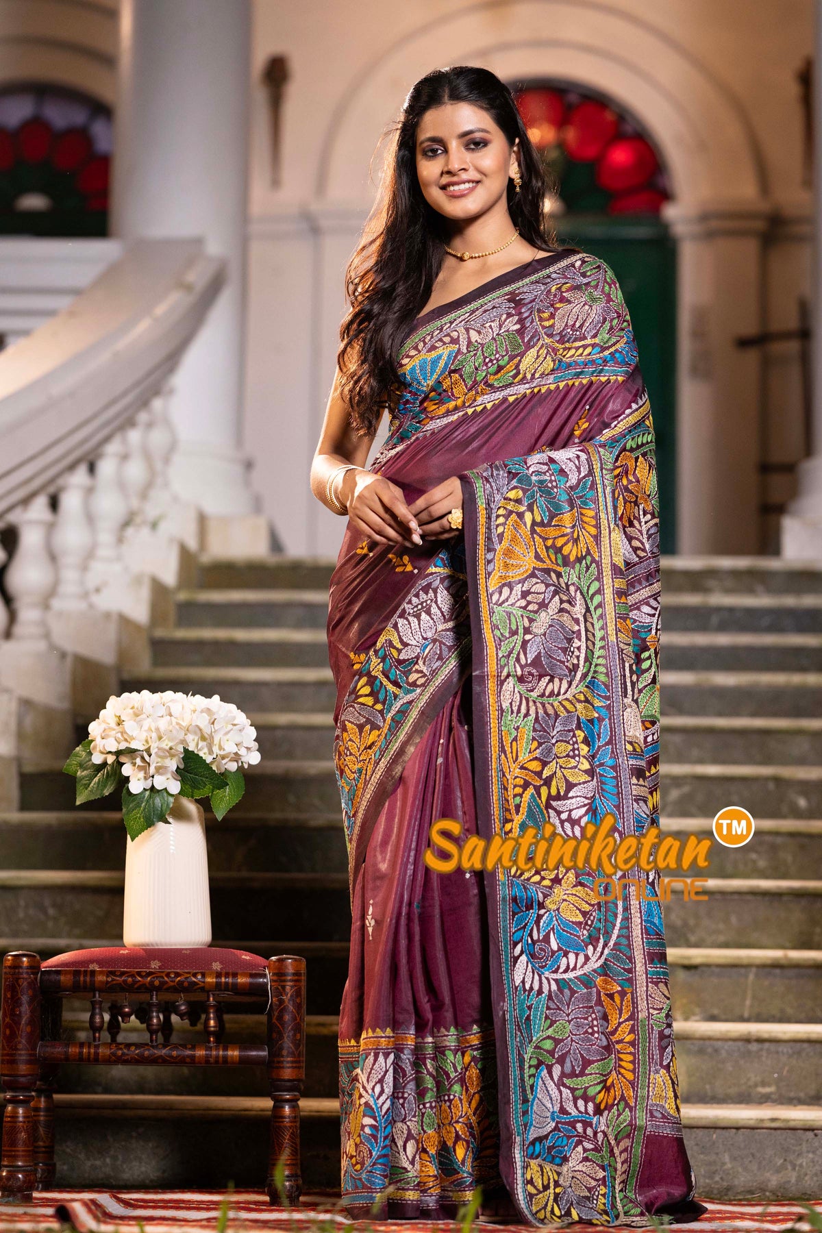 Maroon Bangalore Silk Kantha Stitch Saree SN2631875