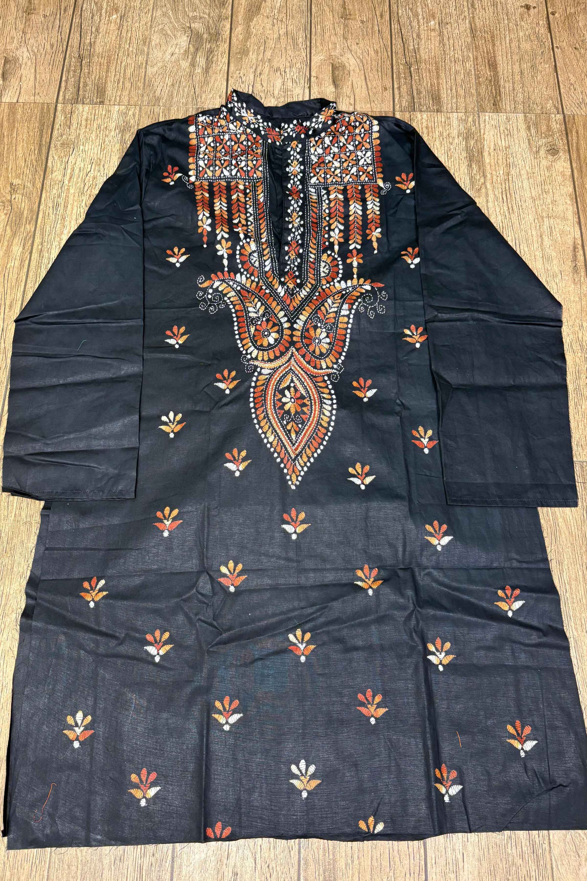 Black Pure Cotton with Kantha Work (Hand Embroidery) Panjabi