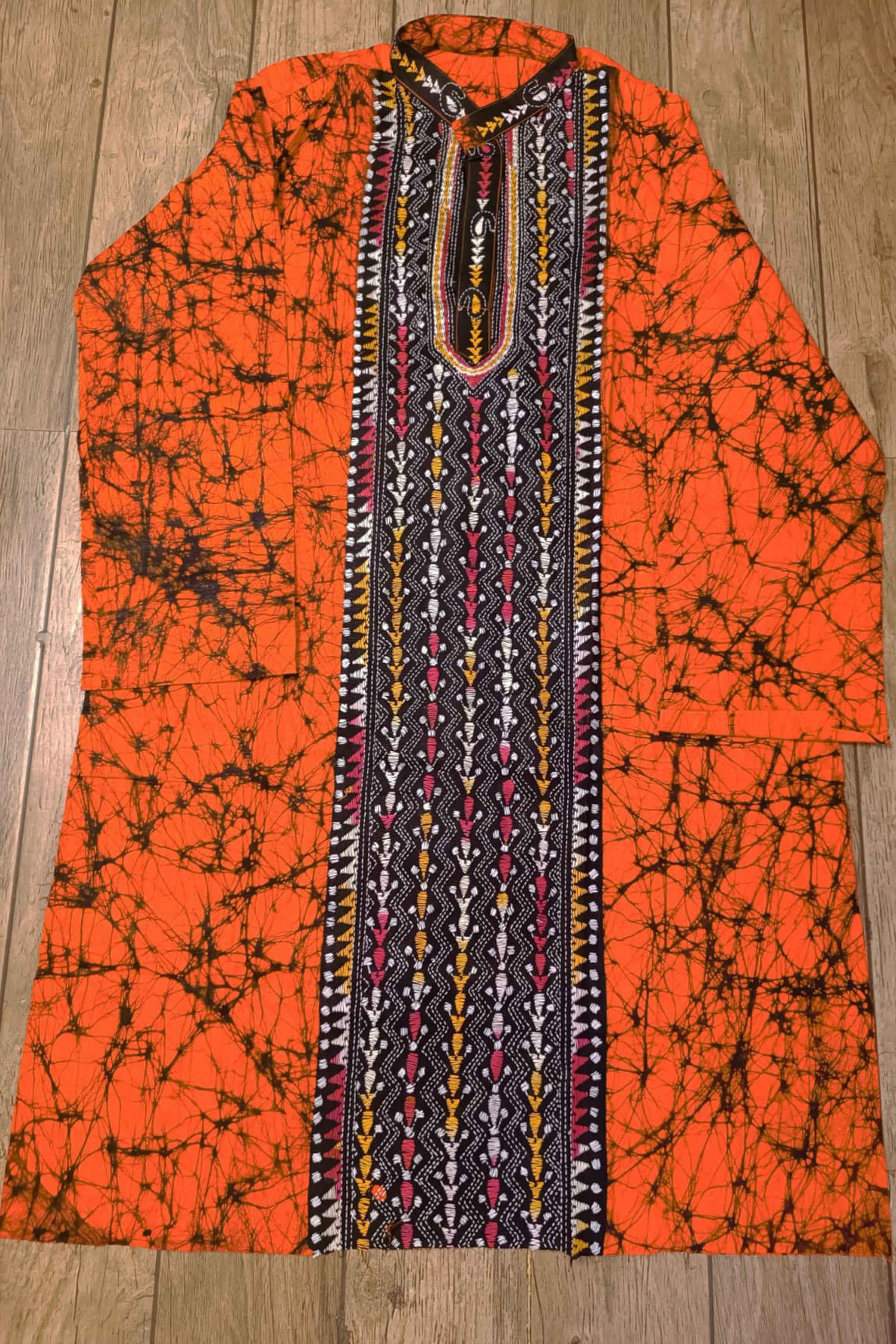 Orange Pure Cotton Batik with Kantha Work (Hand Embroidery) Panjabi