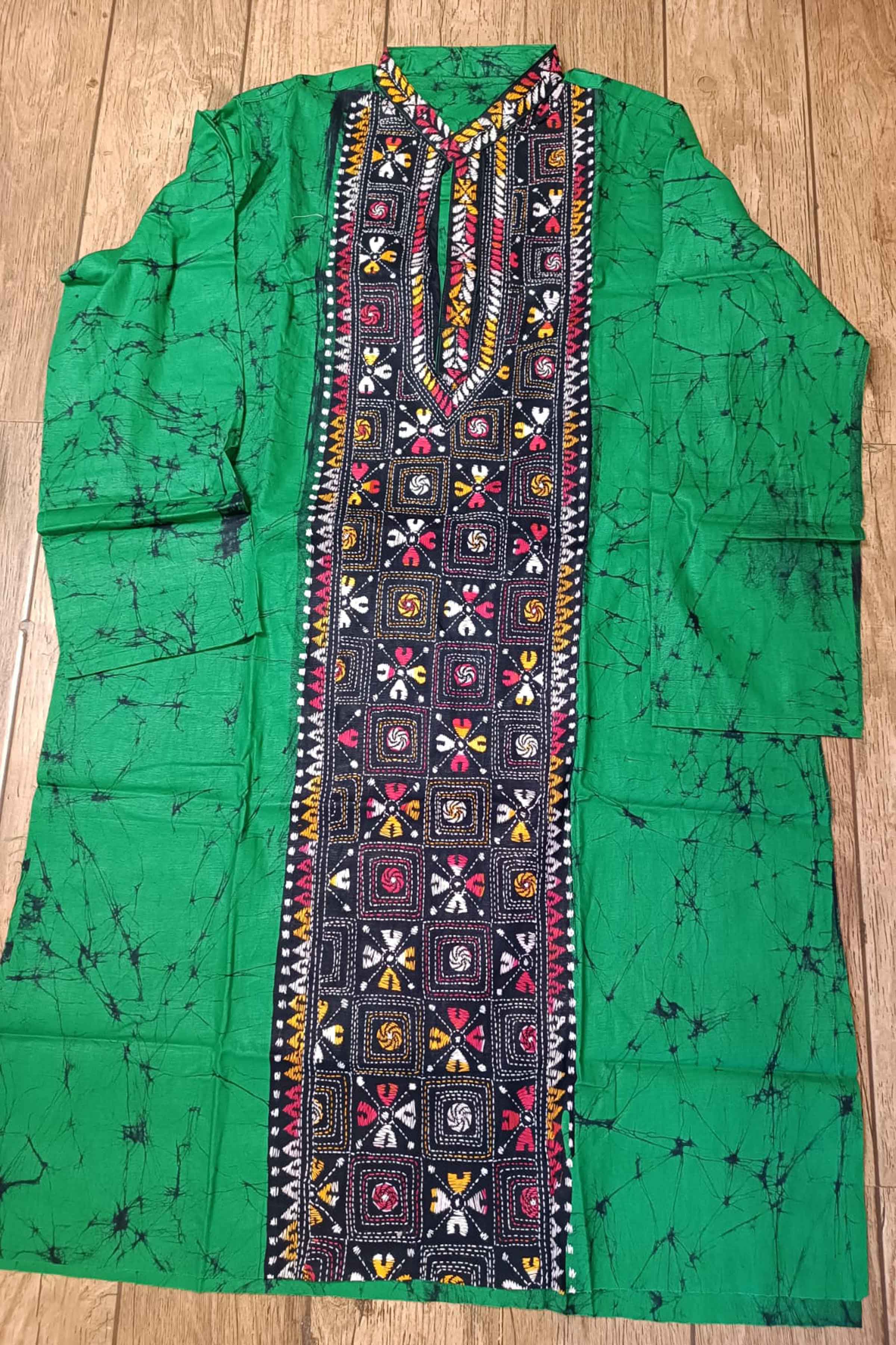 Green Pure Cotton Batik with Kantha Work (Hand Embroidery) Panjabi