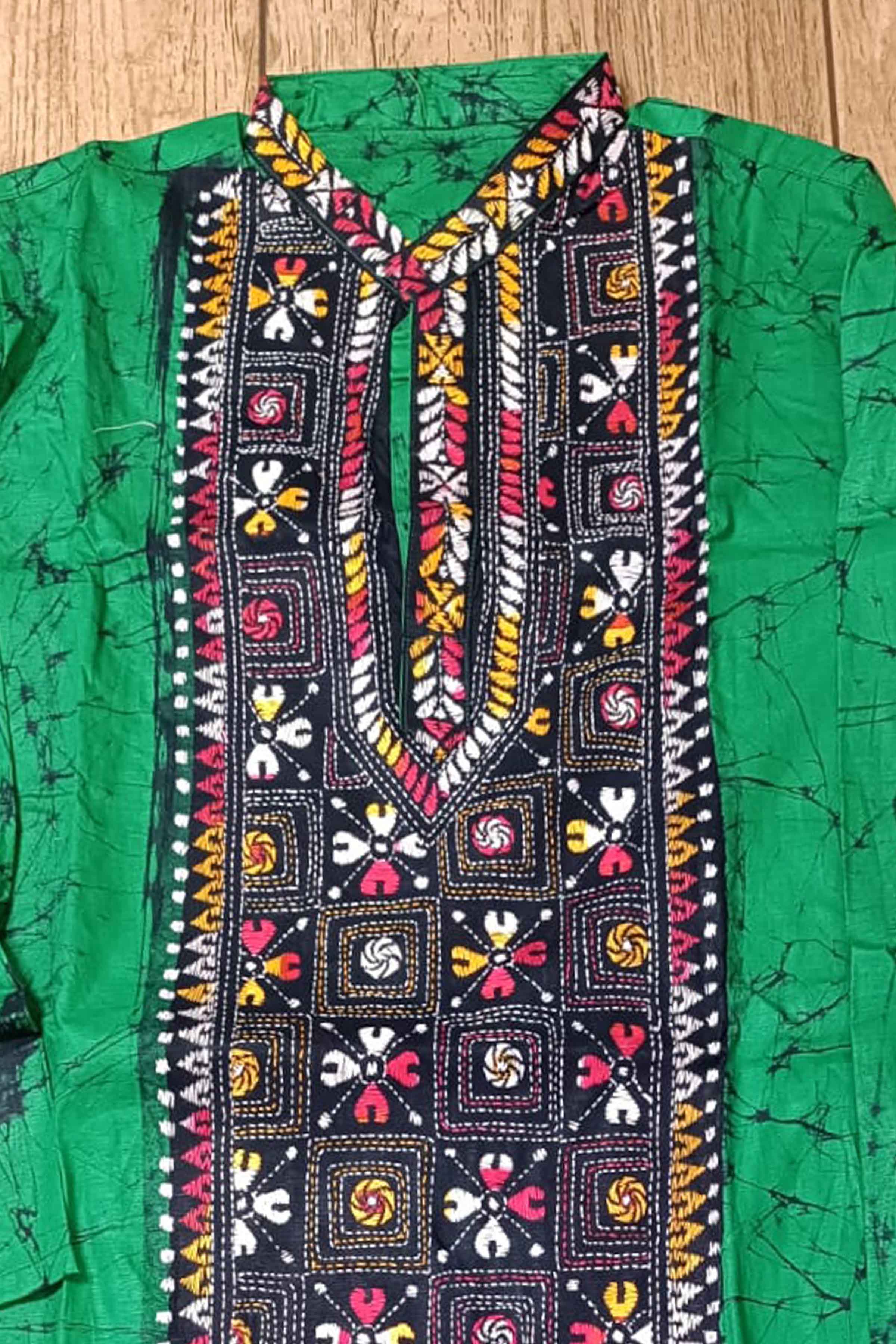 Green Pure Cotton Batik with Kantha Work (Hand Embroidery) Panjabi