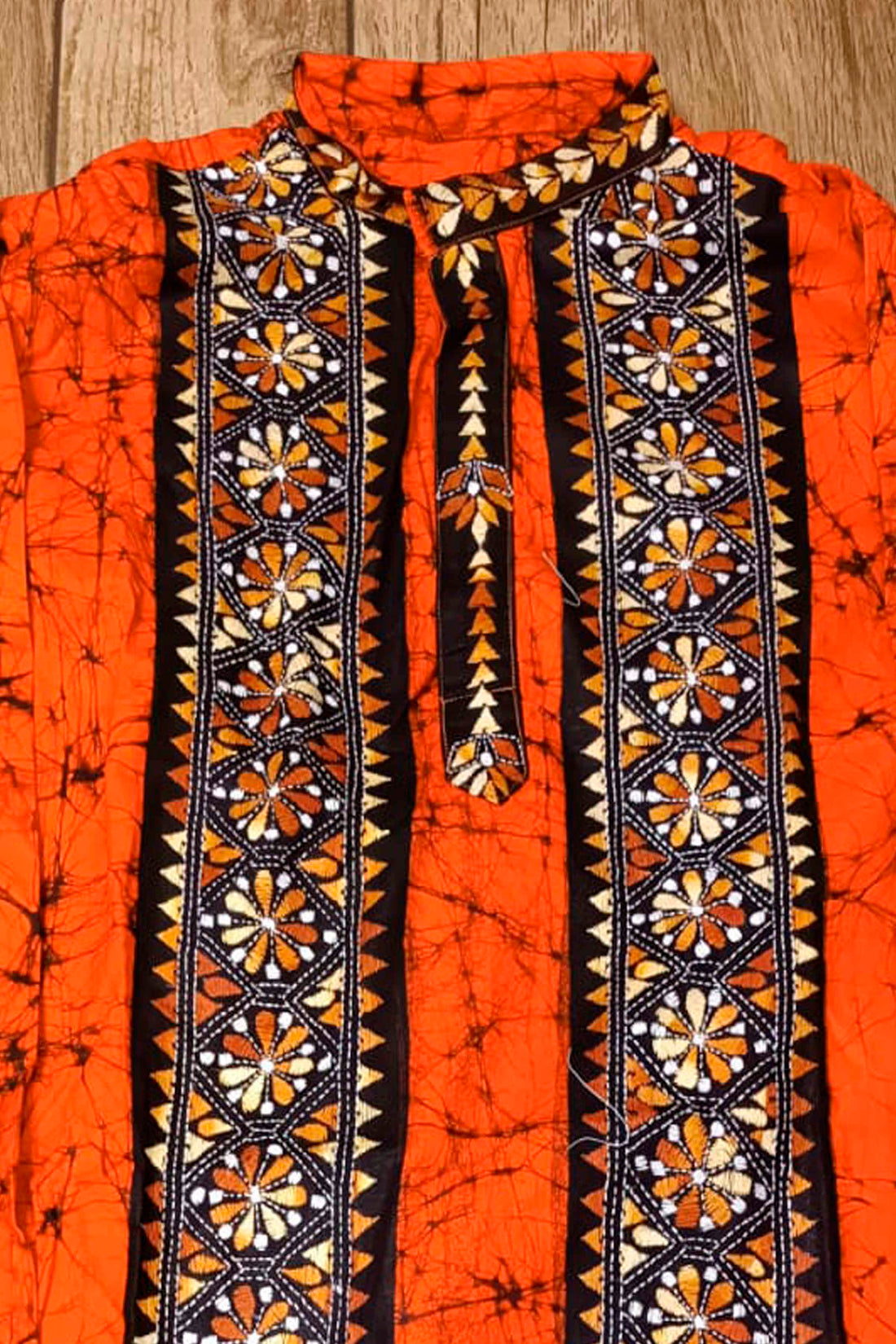 Orange Pure Cotton Batik with Kantha Work (Hand Embroidery) Panjabi