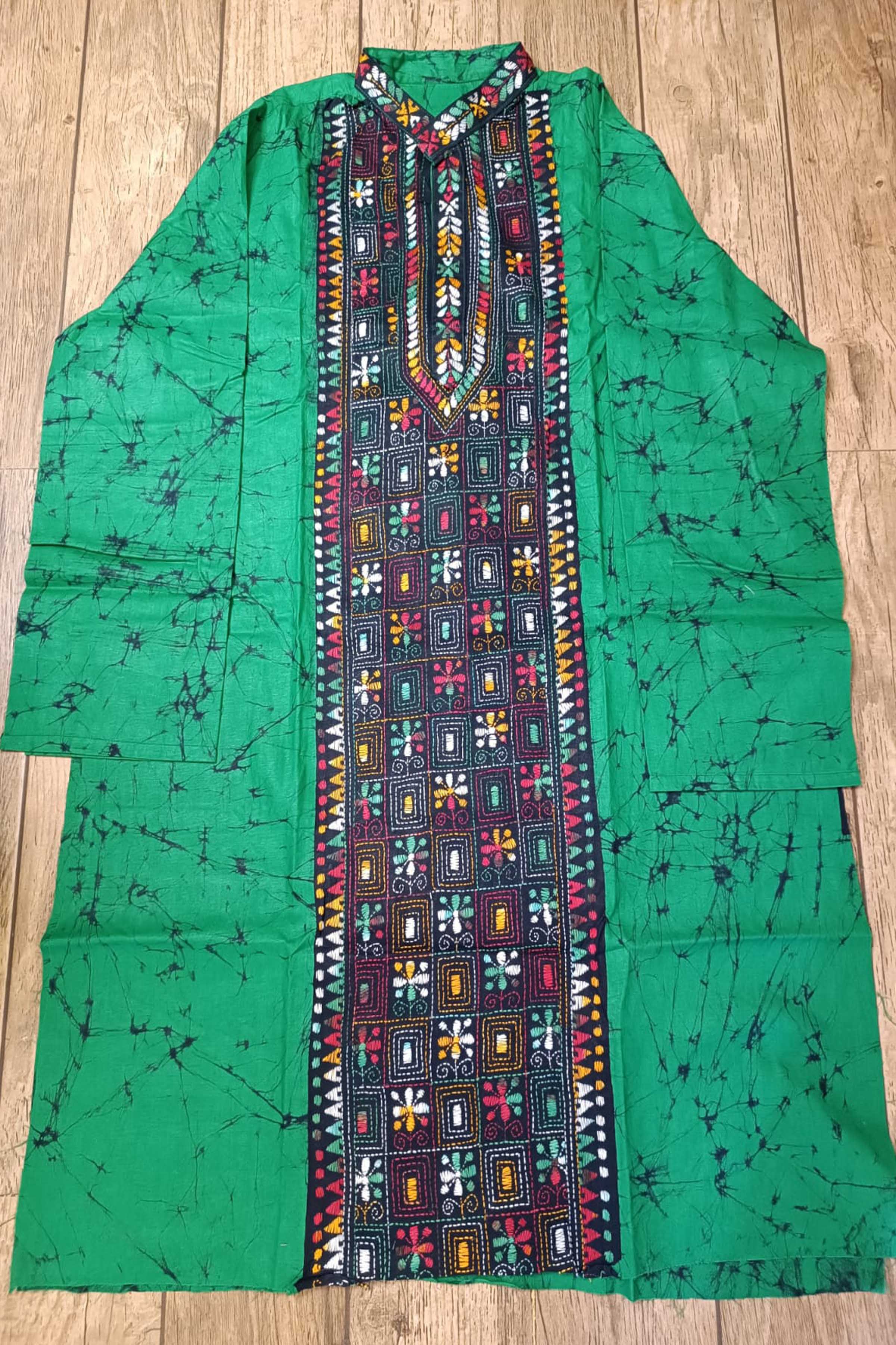Green Pure Cotton Batik with Kantha Work (Hand Embroidery) Panjabi