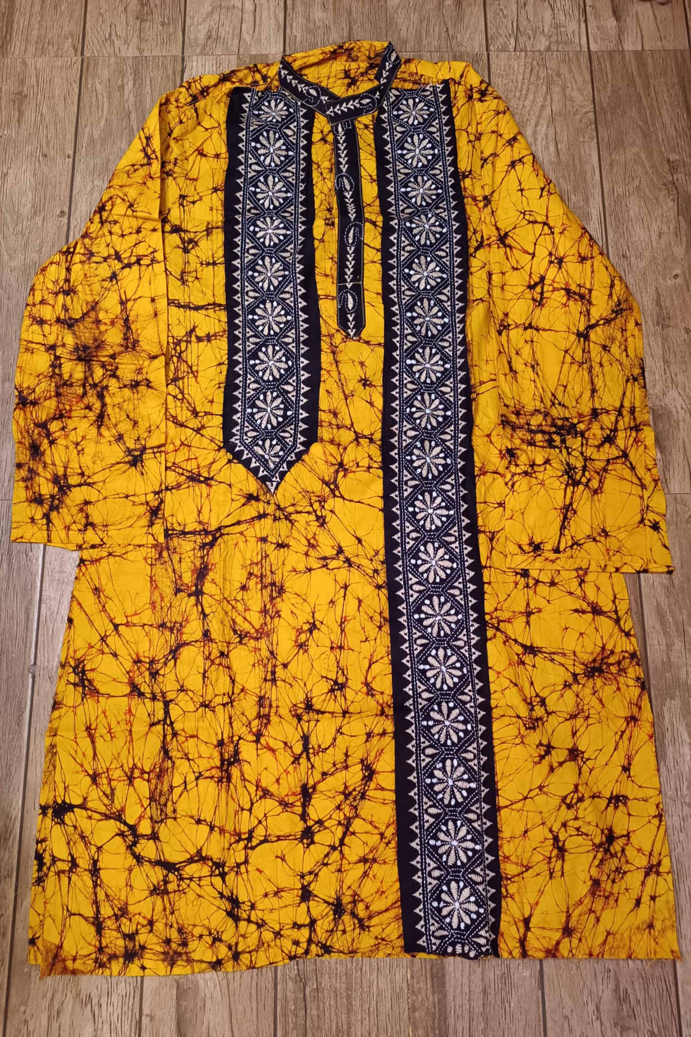 Yellow Pure Cotton Batik with Kantha Work (Hand Embroidery) Panjabi