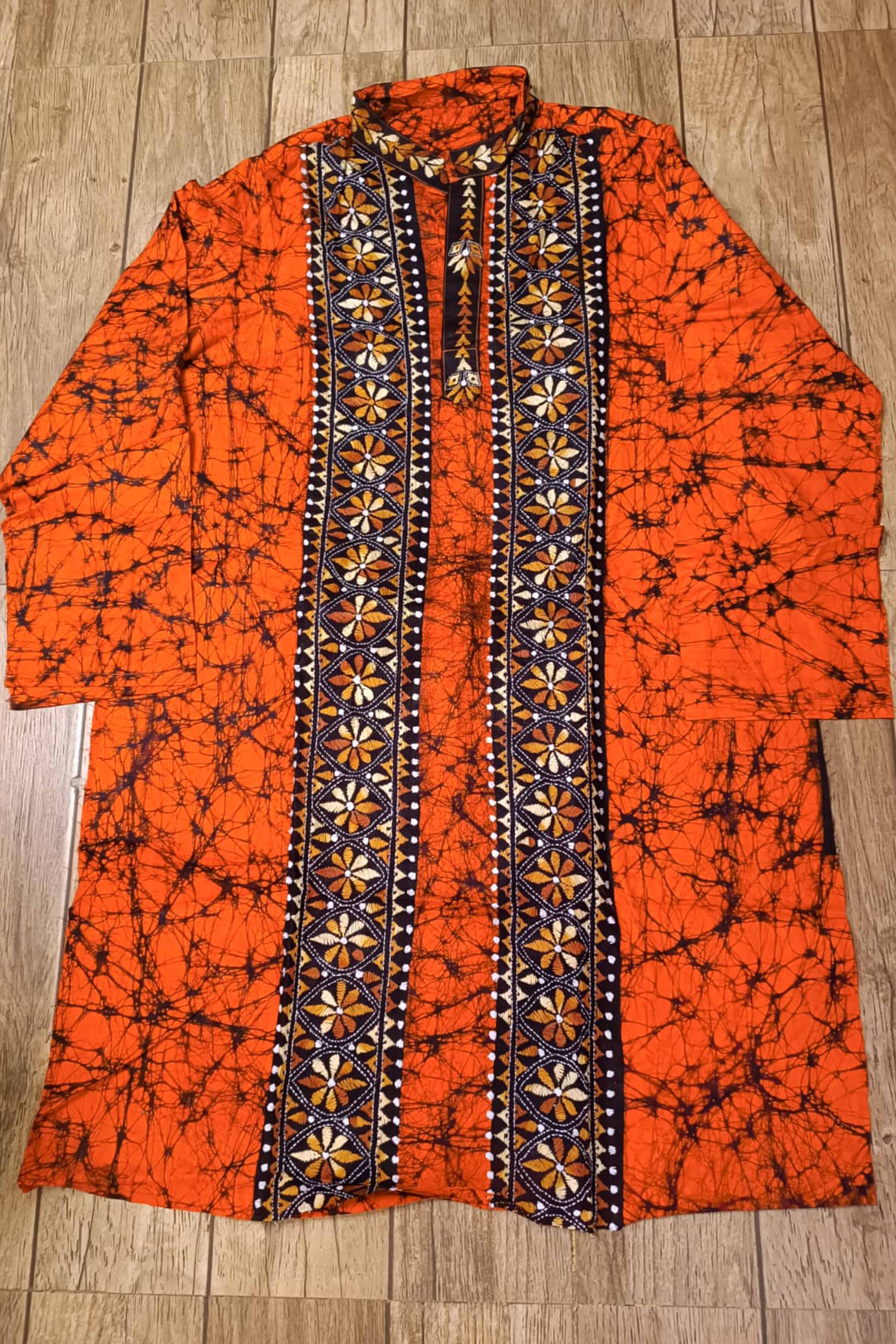 Orange Pure Cotton Batik with Kantha Work (Hand Embroidery) Panjabi