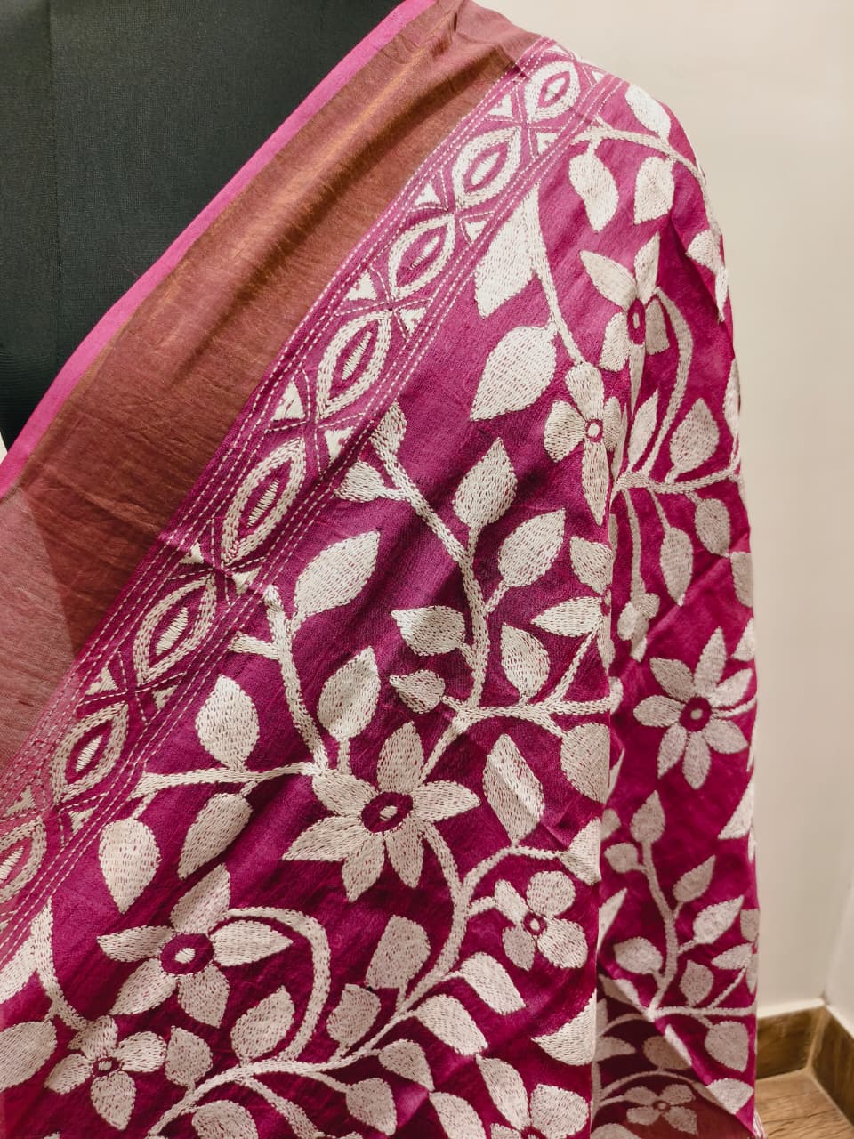 Zari Border Pure Tussar Kantha Stitch Dupatta SN26KD28