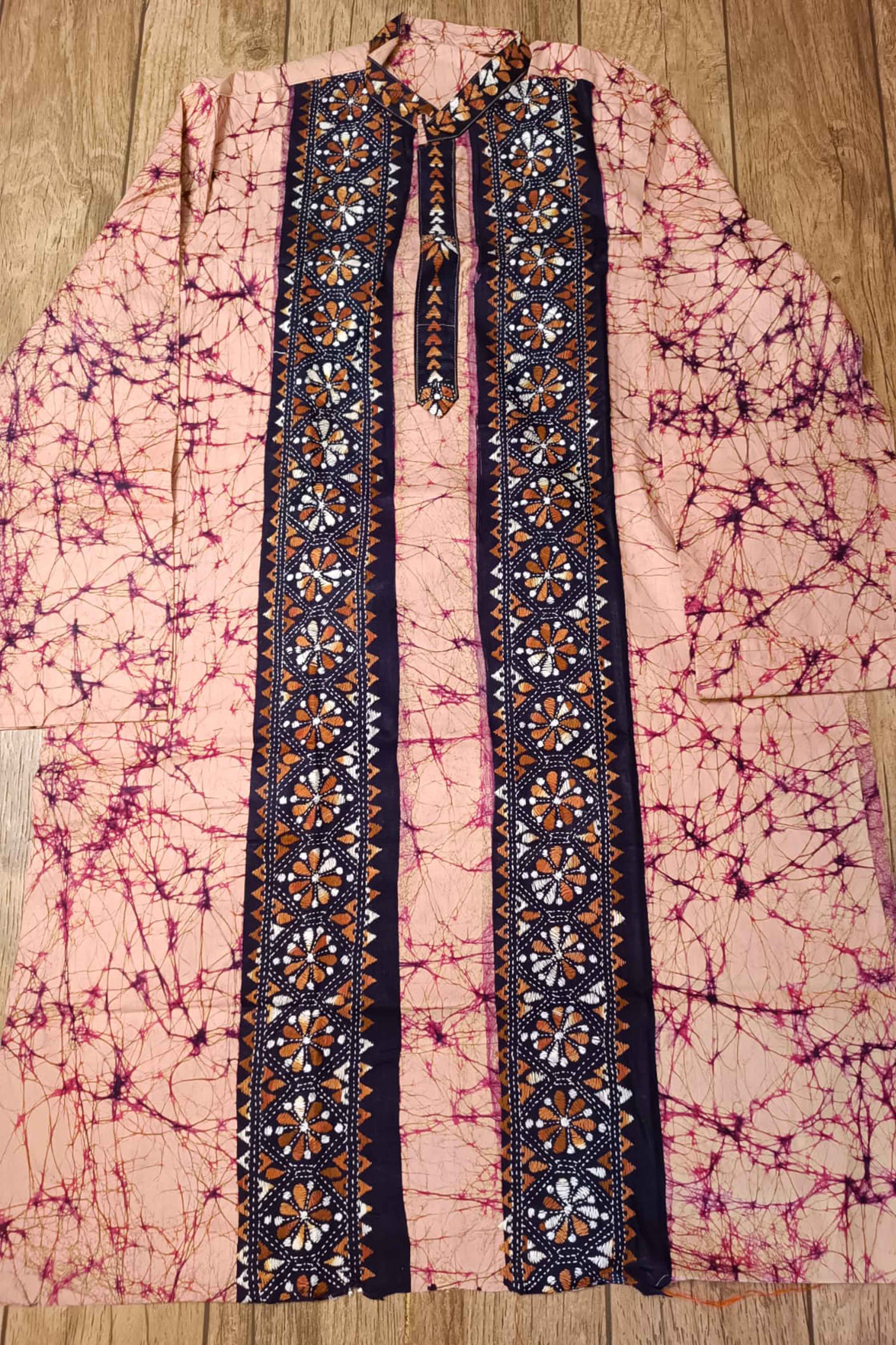 Pink Pure Cotton Batik with Kantha Work (Hand Embroidery) Panjabi