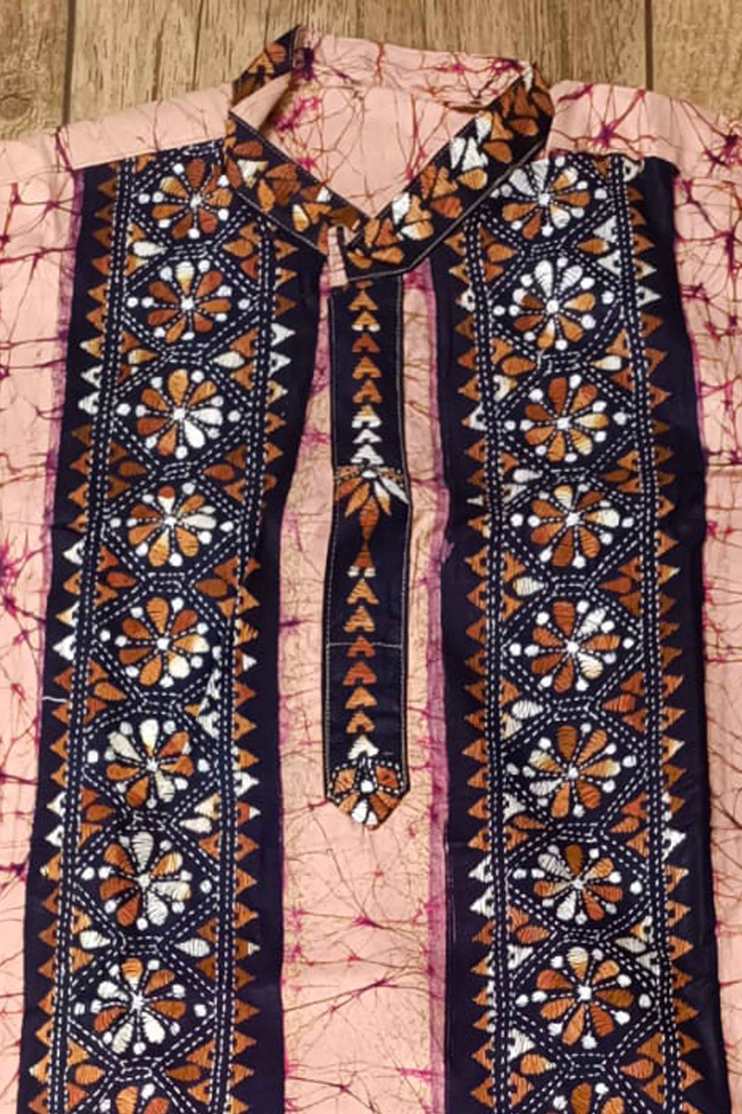 Pink Pure Cotton Batik with Kantha Work (Hand Embroidery) Panjabi