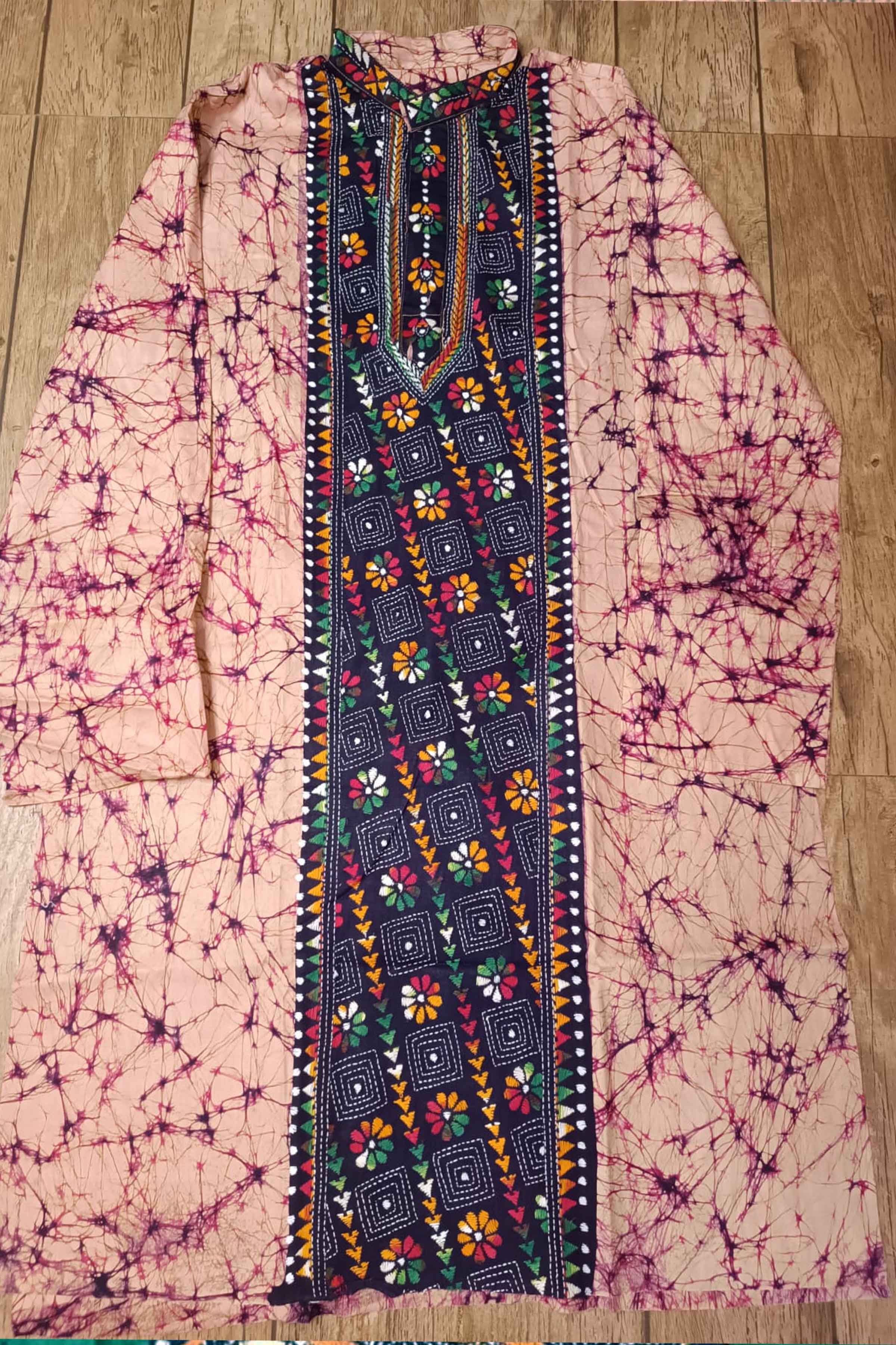 Pink Pure Cotton Batik with Kantha Work (Hand Embroidery) Panjabi