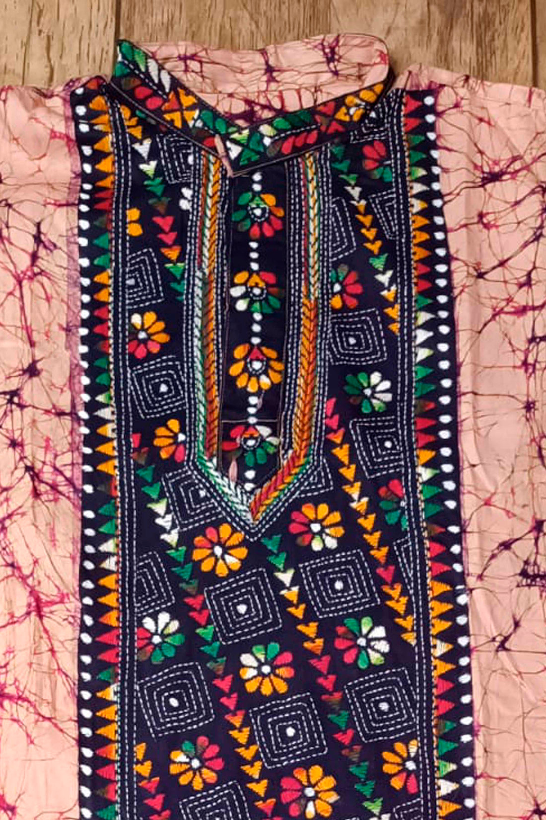 Pink Pure Cotton Batik with Kantha Work (Hand Embroidery) Panjabi