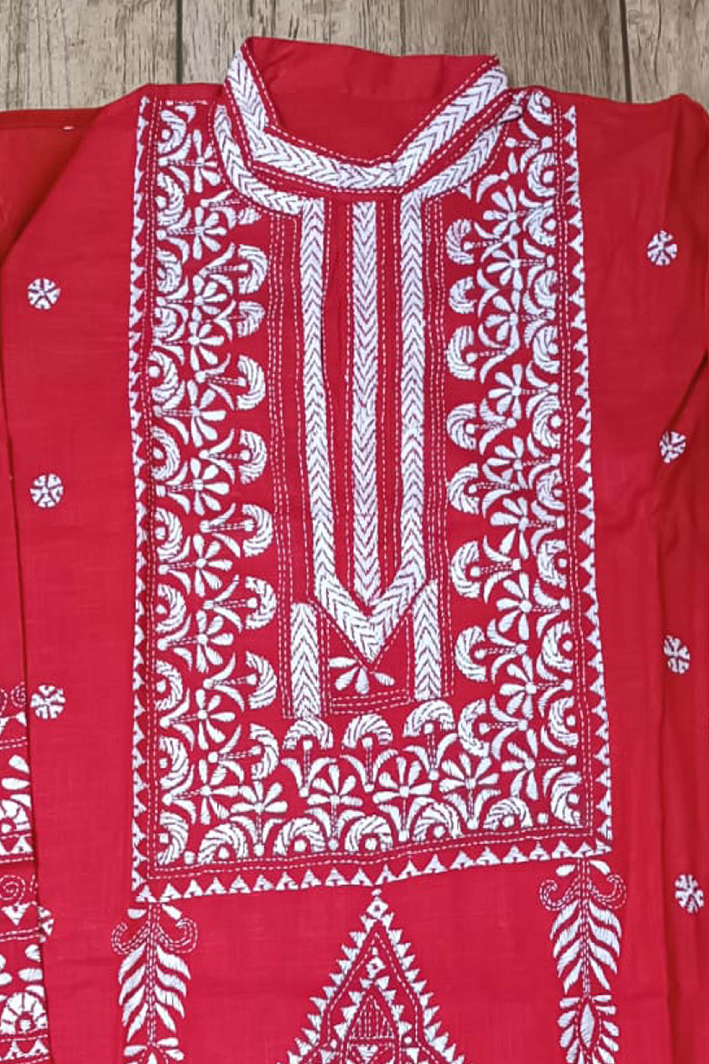 Red Pure Cotton with Kantha Work (Hand Embroidery) Panjabi