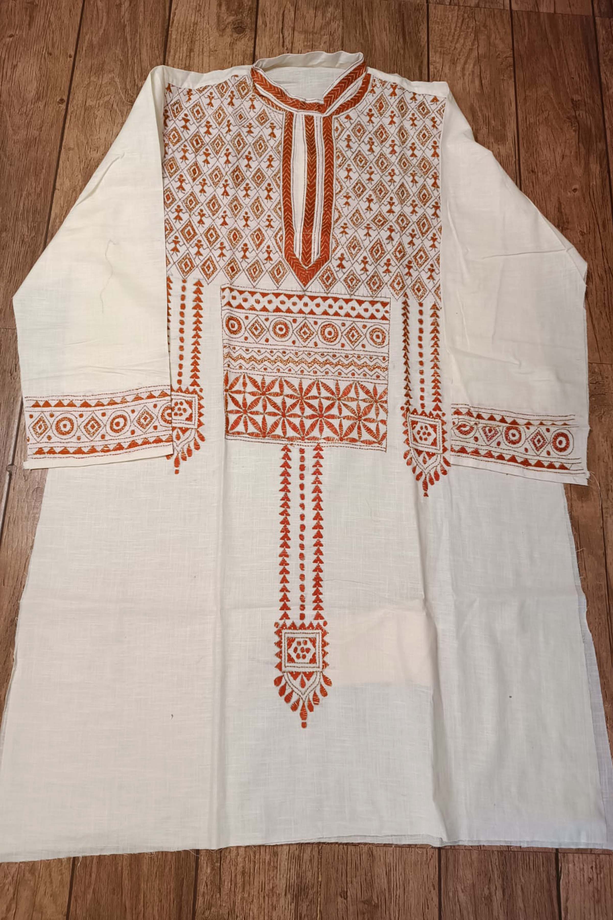 White Pure Cotton with Kantha Work (Hand Embroidery) Panjabi