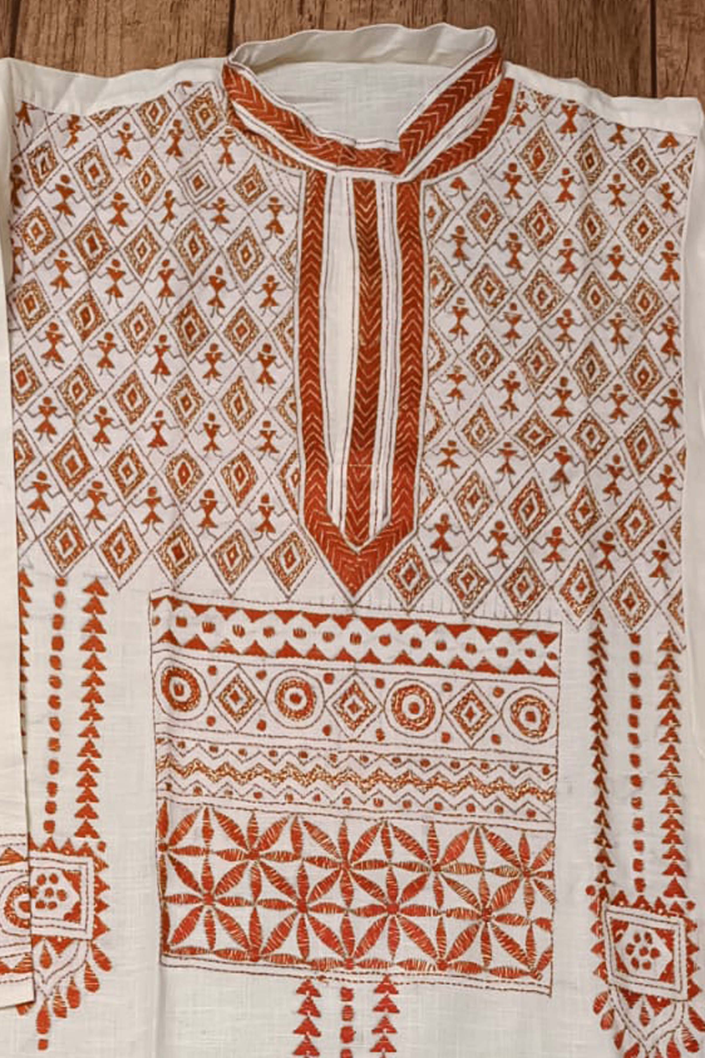 White Pure Cotton with Kantha Work (Hand Embroidery) Panjabi