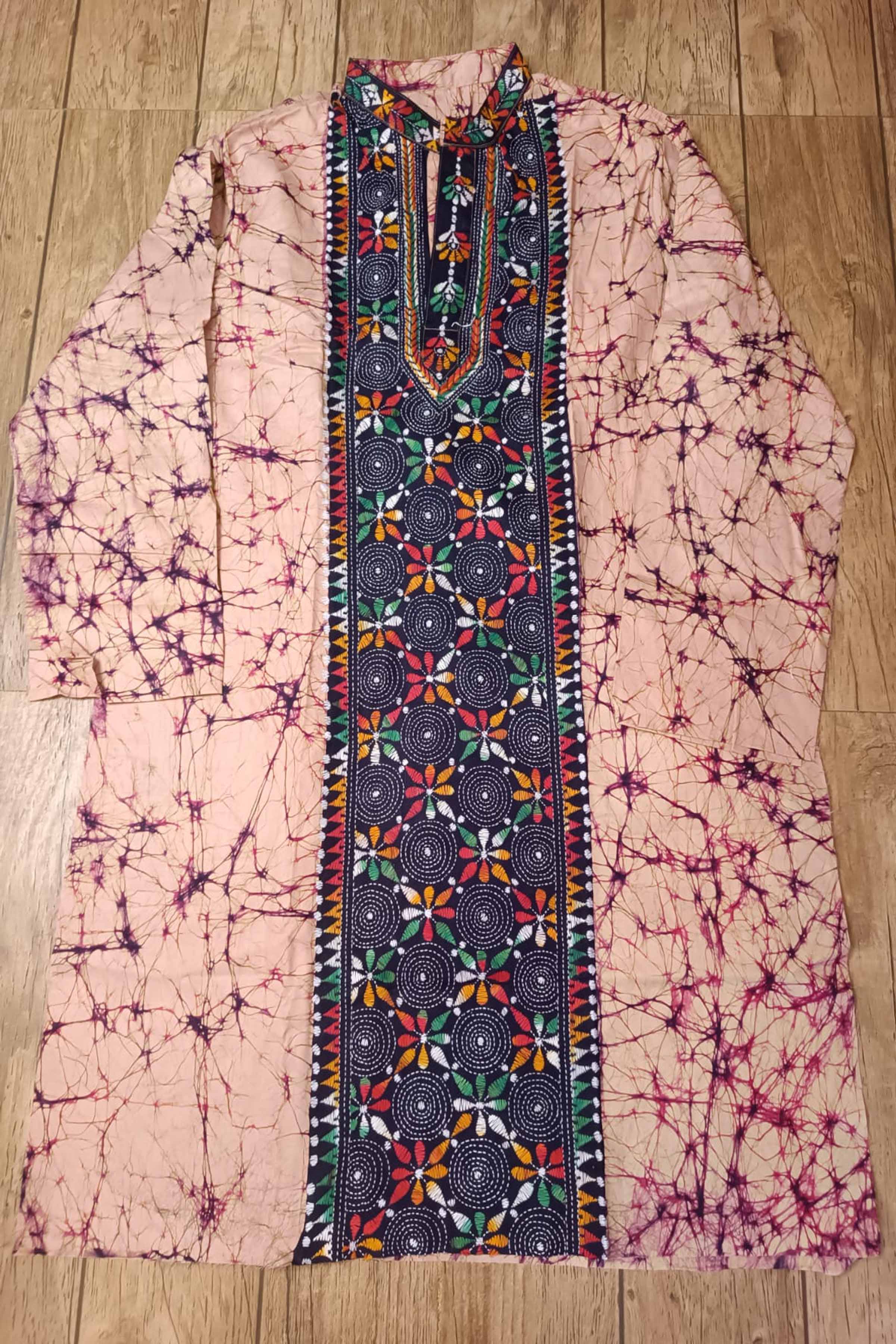 Pink Pure Cotton Batik with Kantha Work (Hand Embroidery) Panjabi