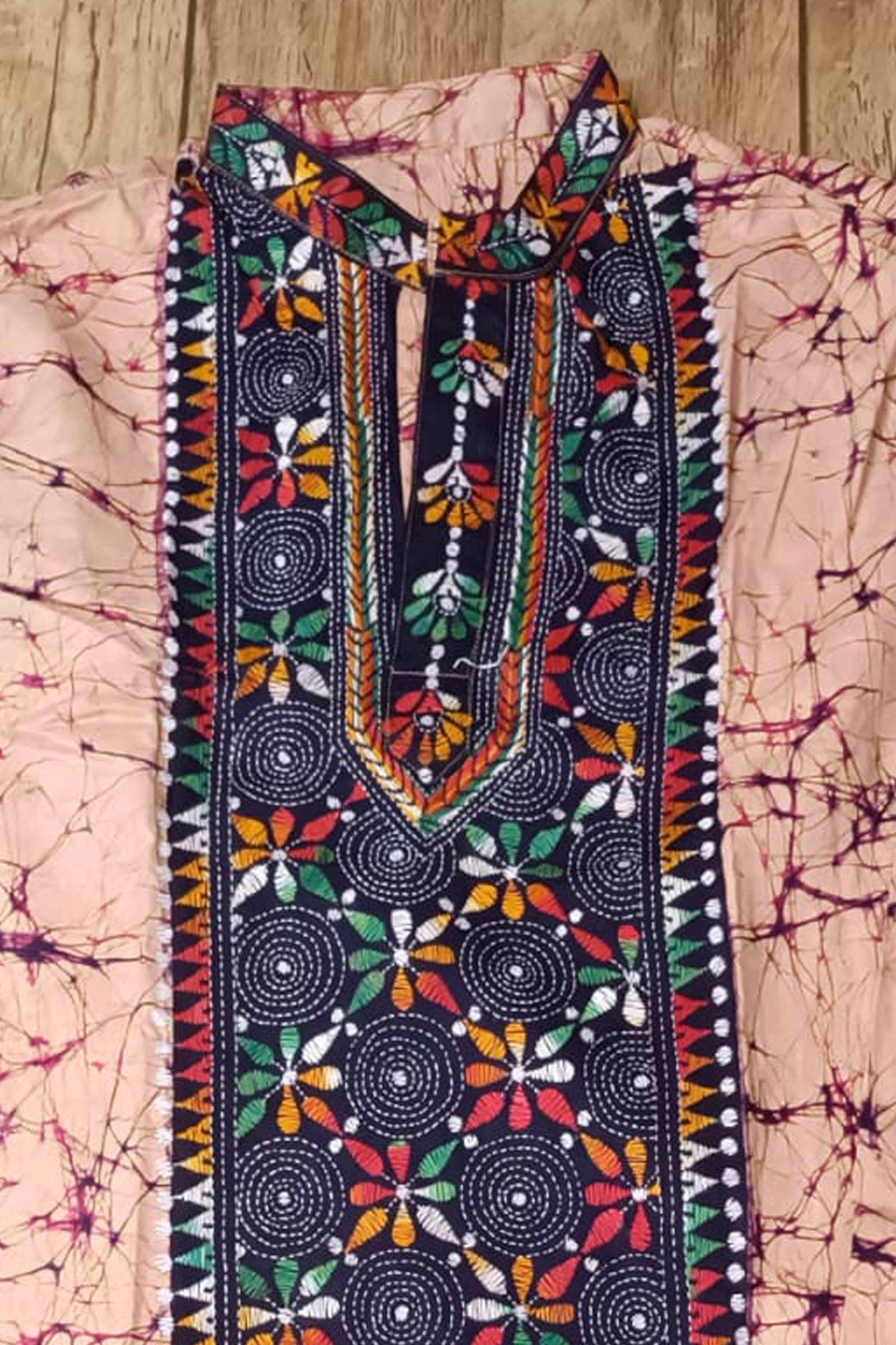 Pink Pure Cotton Batik with Kantha Work (Hand Embroidery) Panjabi