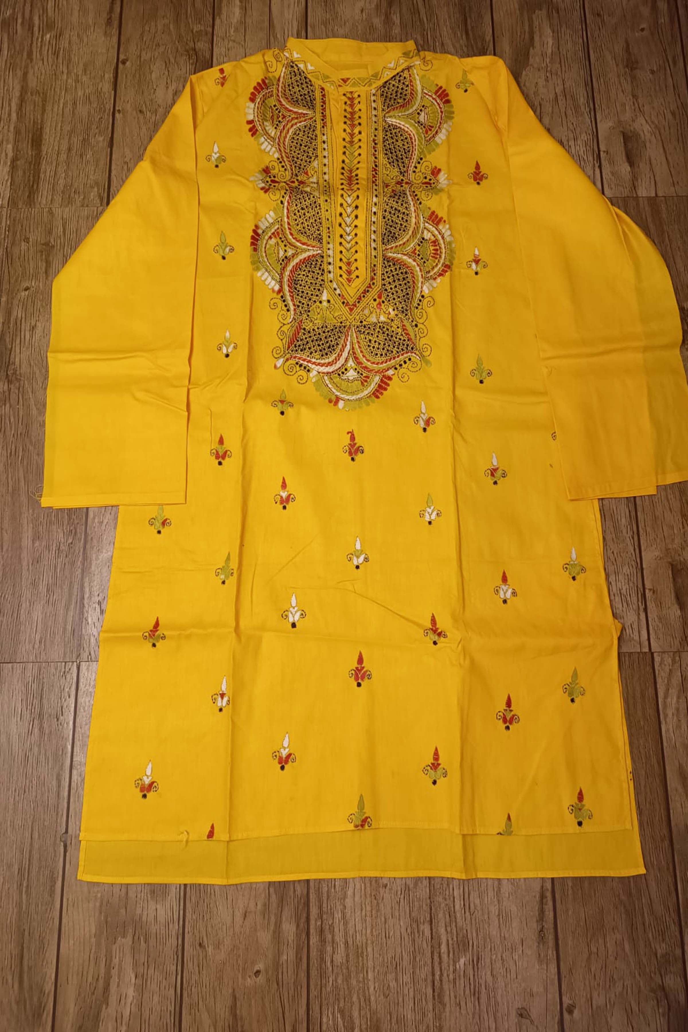 Yellow Pure Cotton with Kantha Work (Hand Embroidery) Panjabi