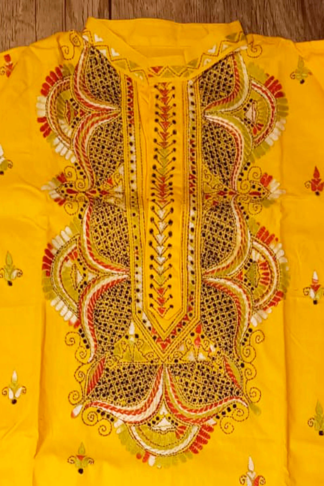 Yellow Pure Cotton with Kantha Work (Hand Embroidery) Panjabi