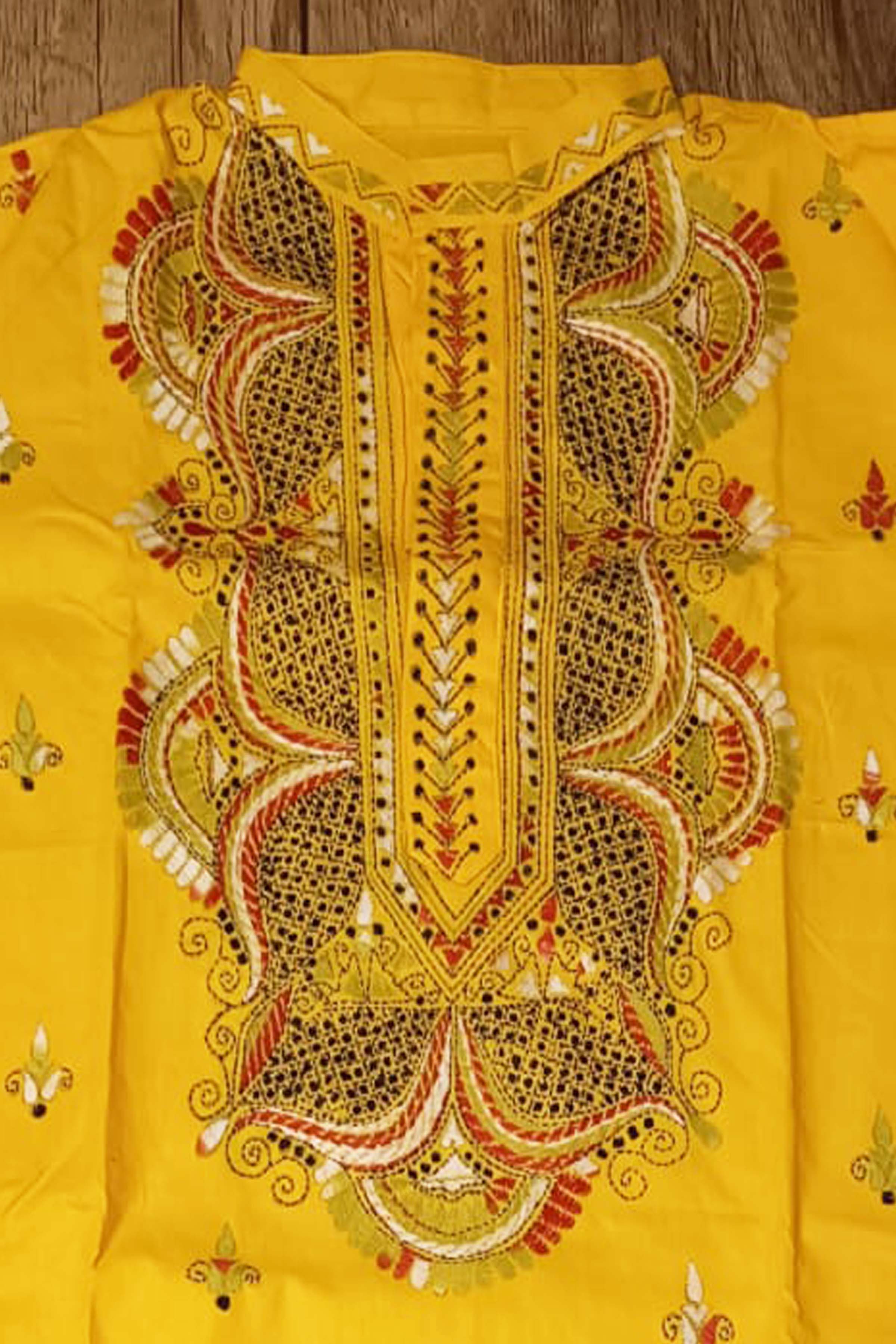 Yellow Pure Cotton with Kantha Work (Hand Embroidery) Panjabi
