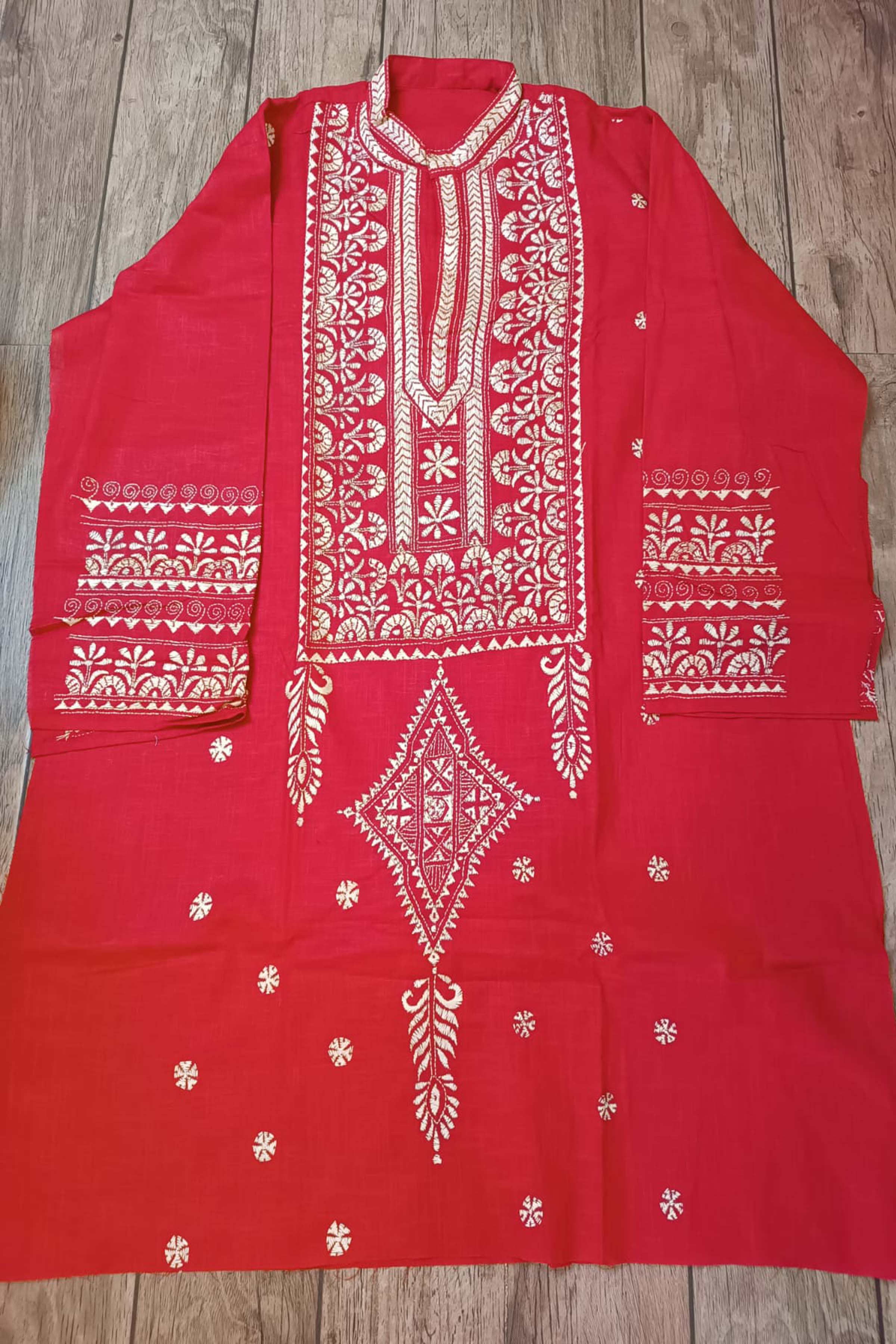 Red Pure Cotton with Kantha Work (Hand Embroidery) Panjabi