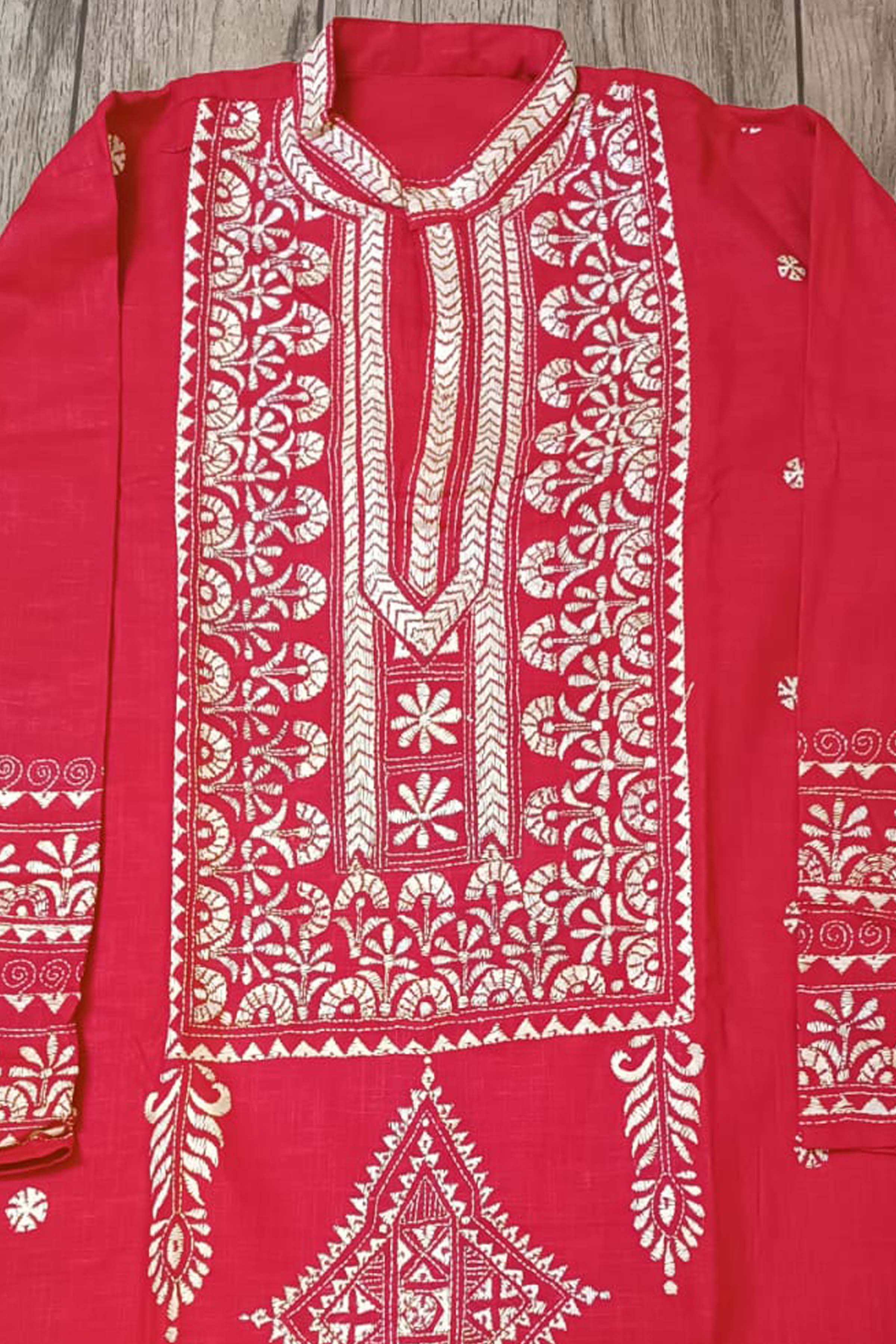 Red Pure Cotton with Kantha Work (Hand Embroidery) Panjabi