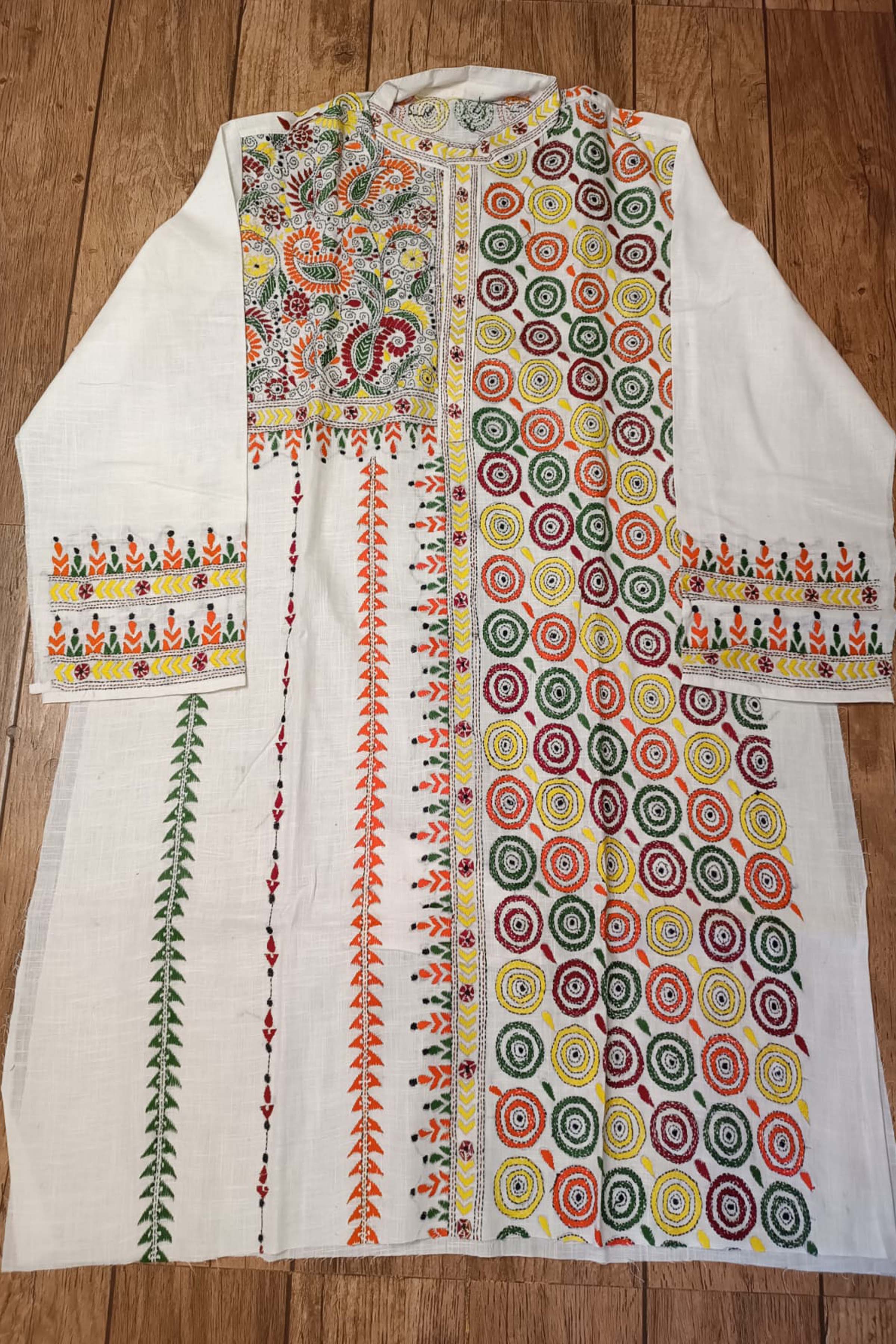 White Pure Cotton with Kantha Work (Hand Embroidery) Panjabi