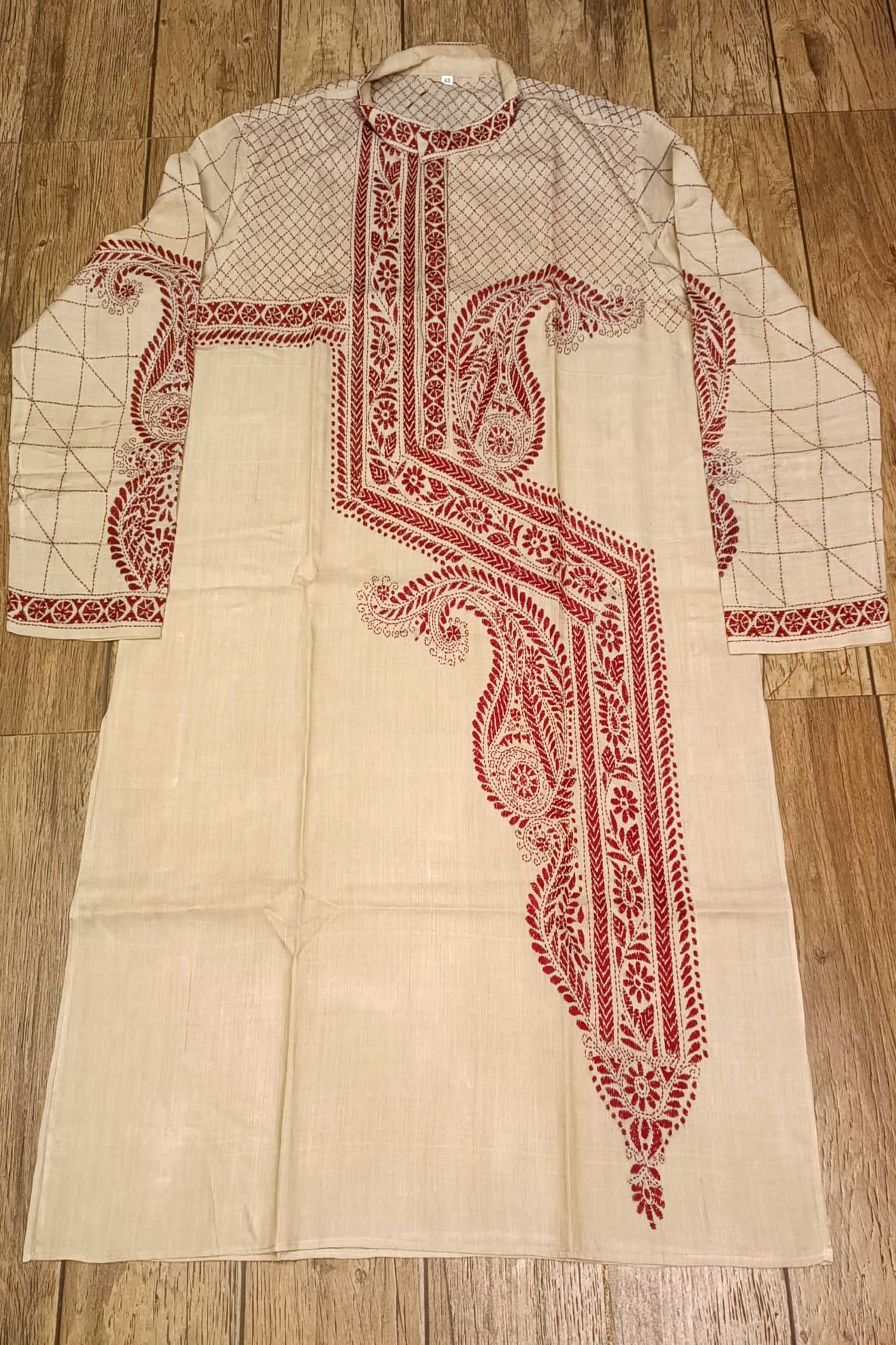 Beige Pure Tussar with Kantha Work (Hand Embroidery) Panjabi