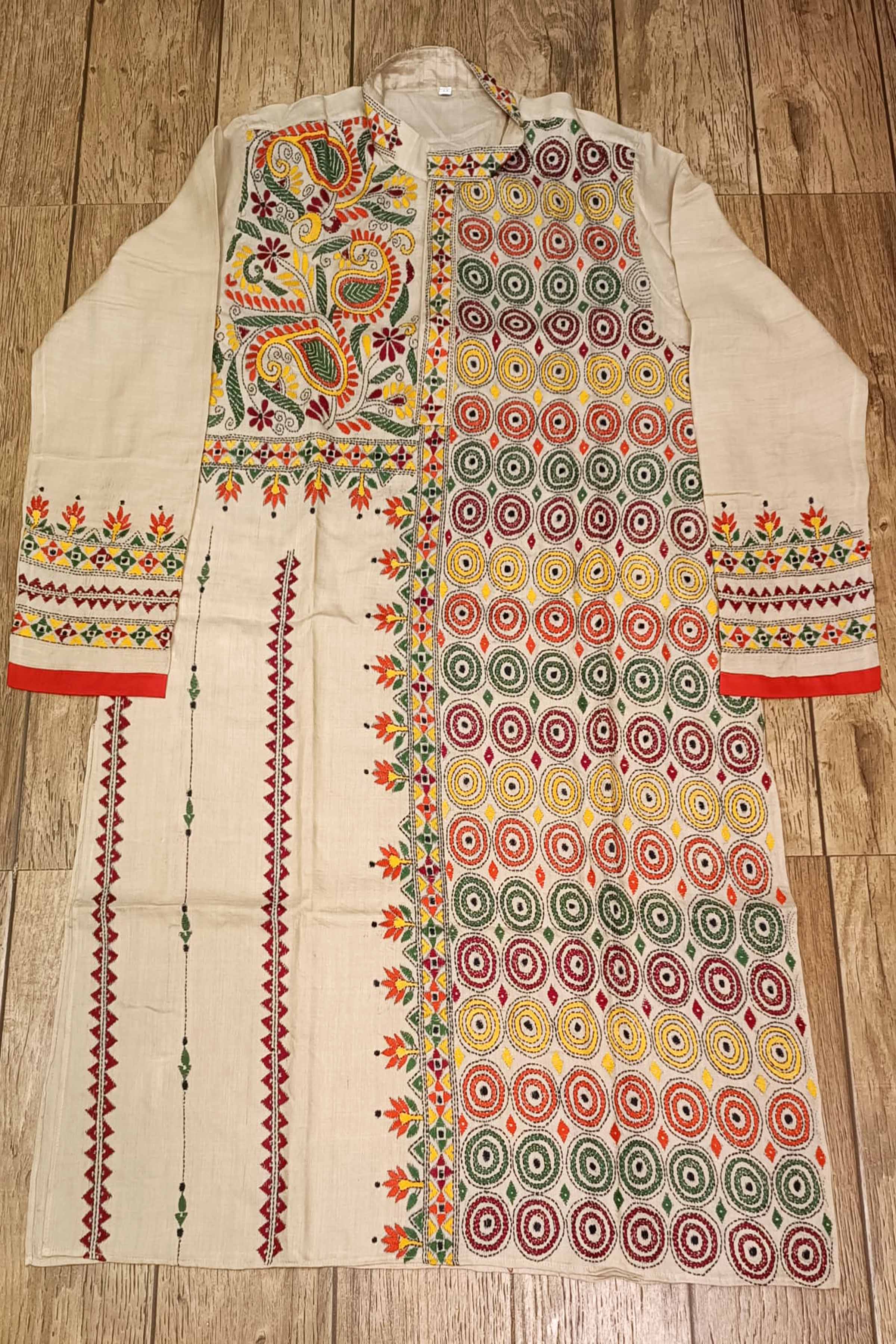 Beige Pure Tussar with Kantha Work (Hand Embroidery) Panjabi