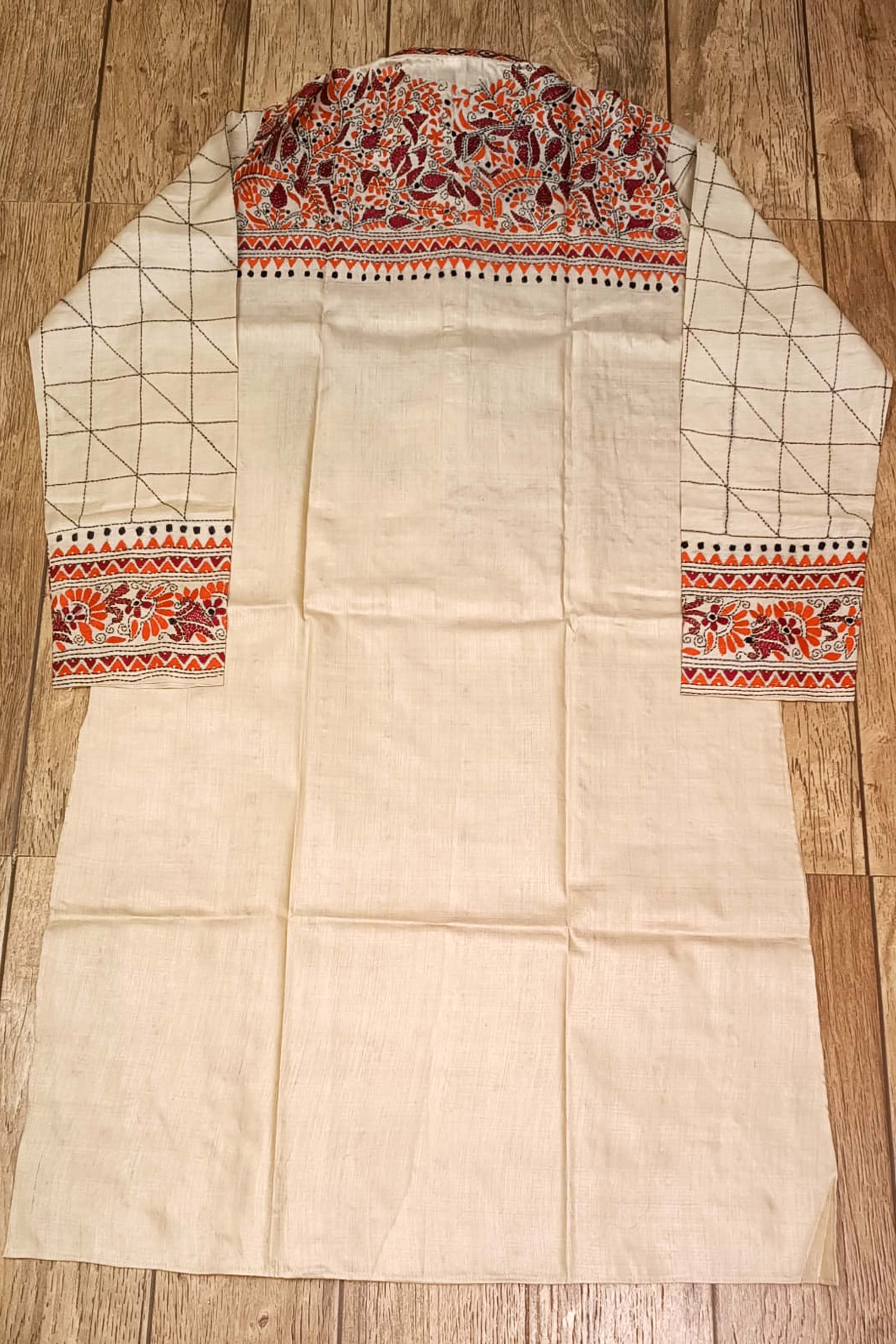 Beige Pure Tussar with Kantha Work (Hand Embroidery) Panjabi