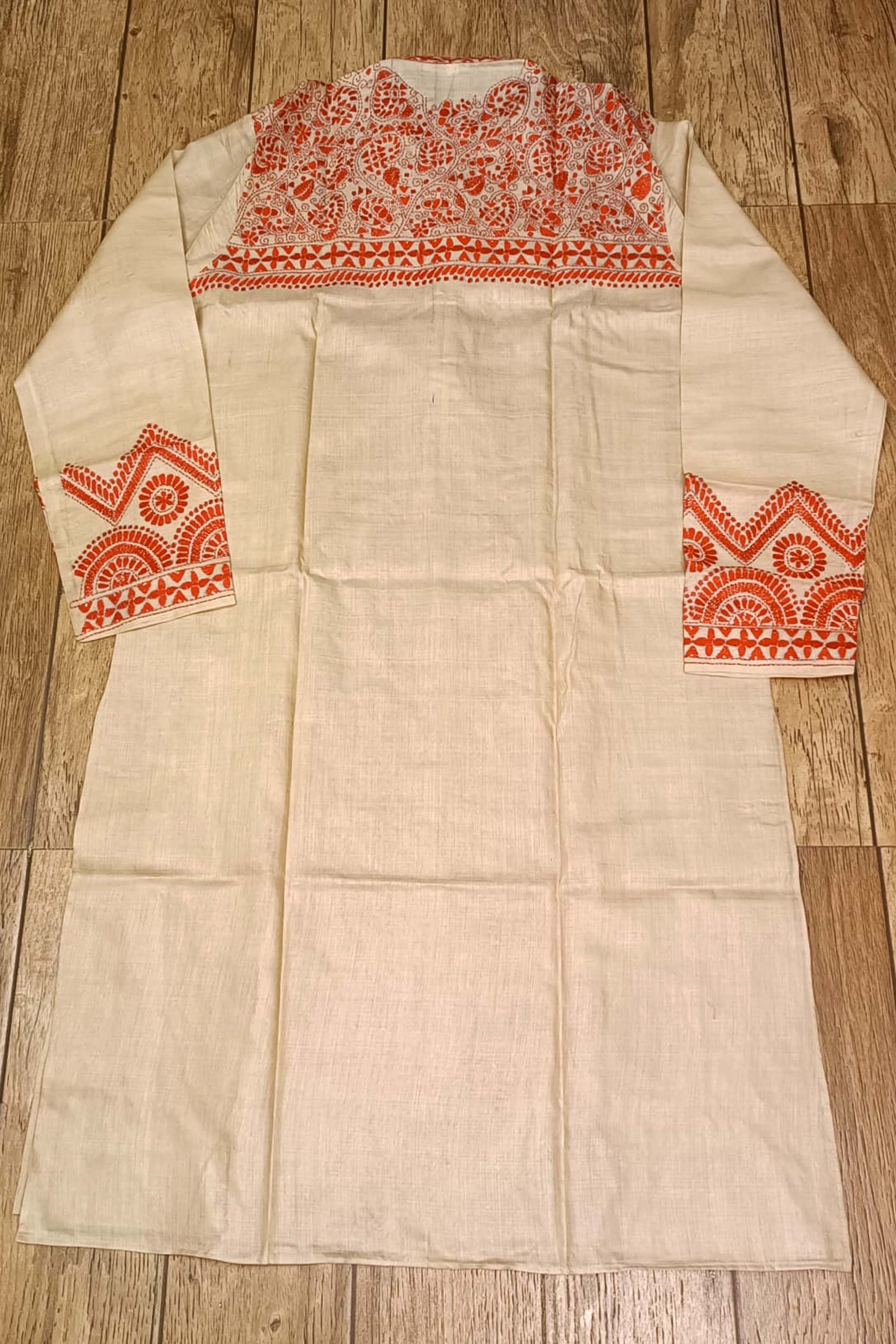 Beige Pure Tussar with Kantha Work (Hand Embroidery) Panjabi