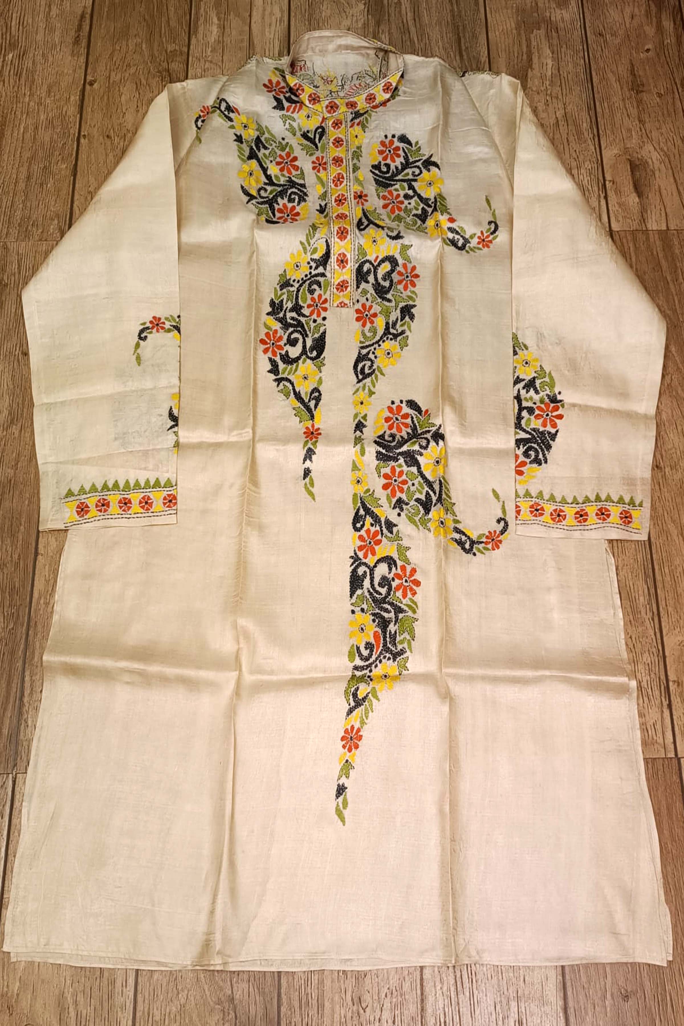 Beige Pure Tussar with Kantha Work (Hand Embroidery) Panjabi