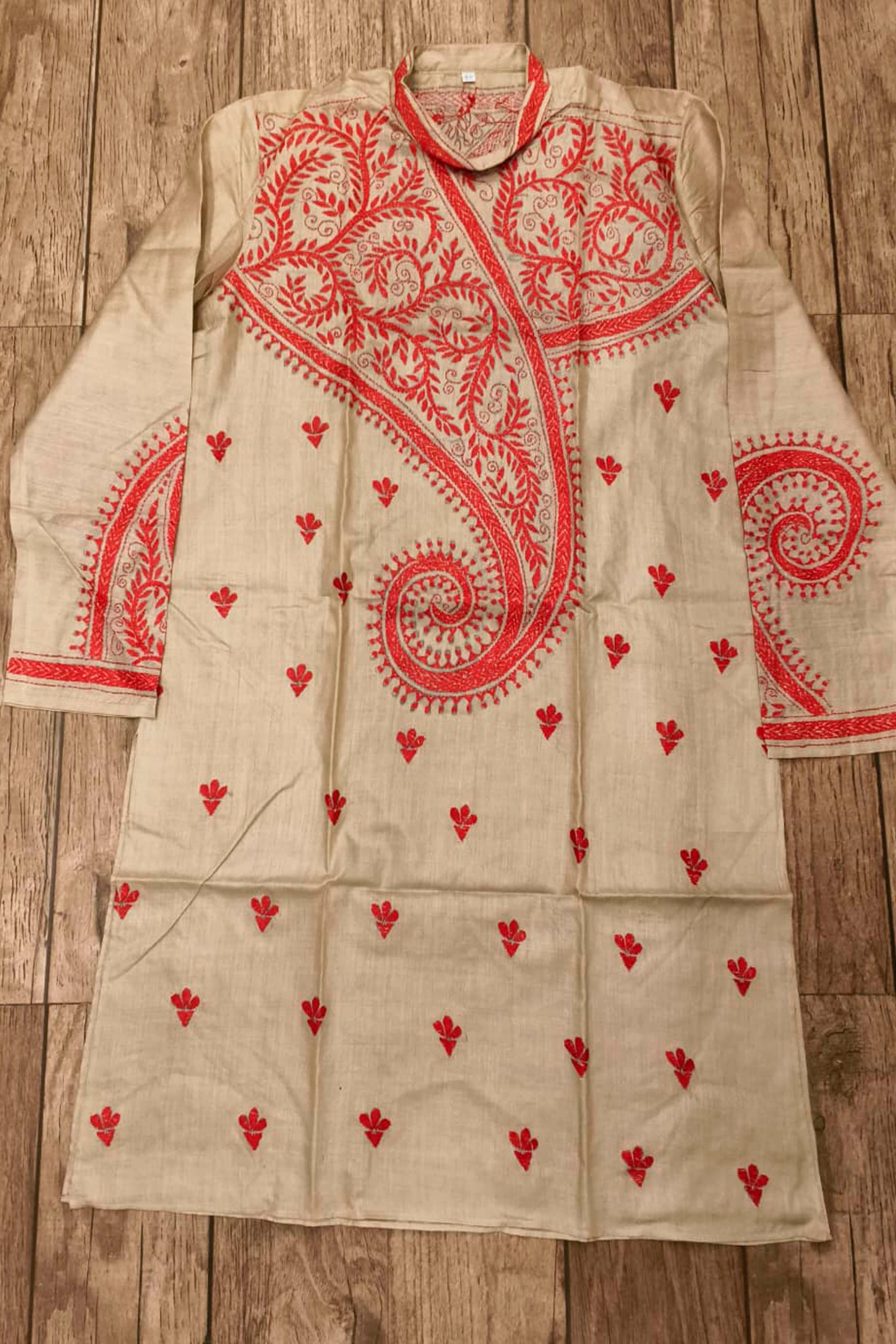 Beige Pure Tussar with Kantha Work (Hand Embroidery) Panjabi