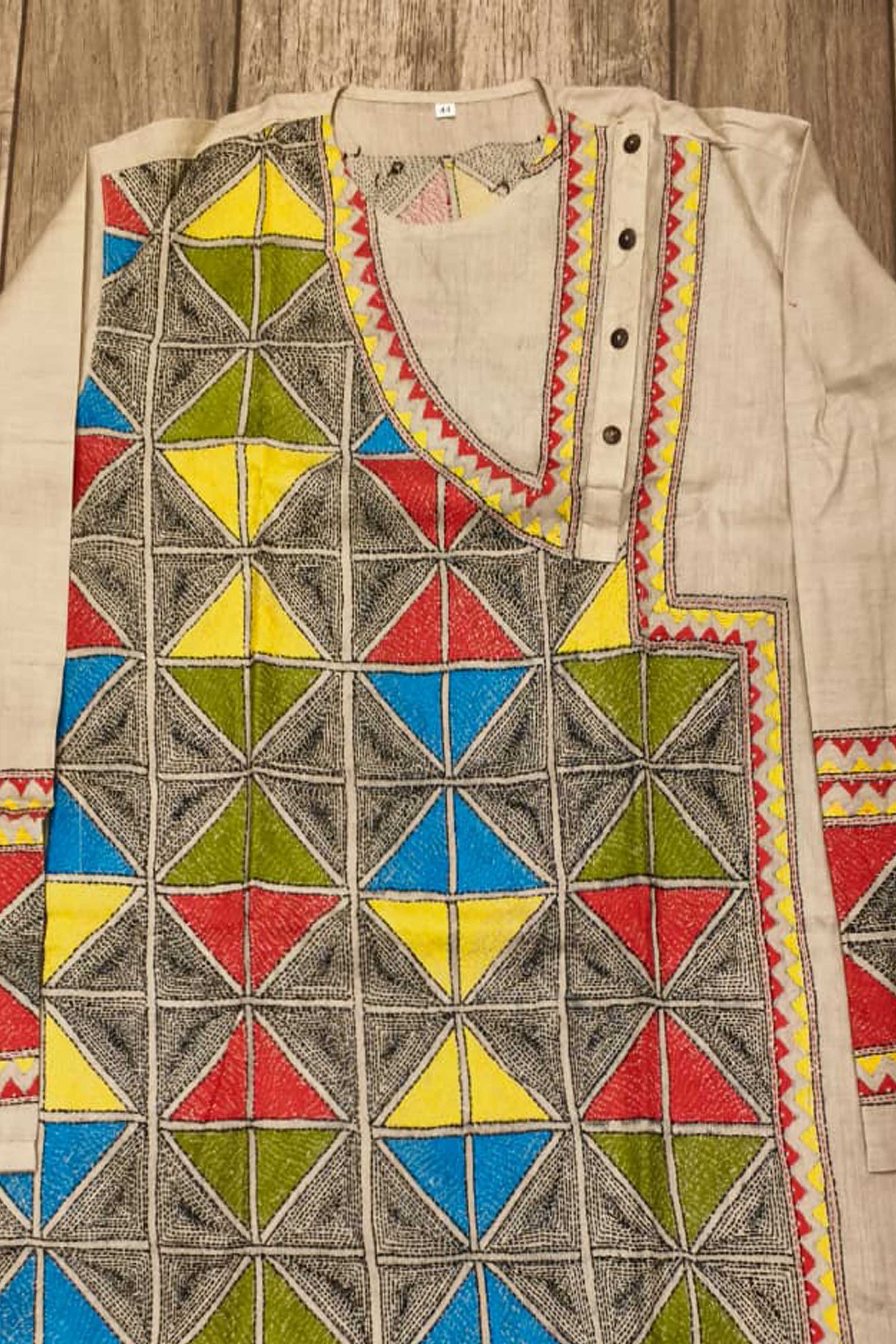 Beige Pure Tussar with Kantha Work (Hand Embroidery) Panjabi