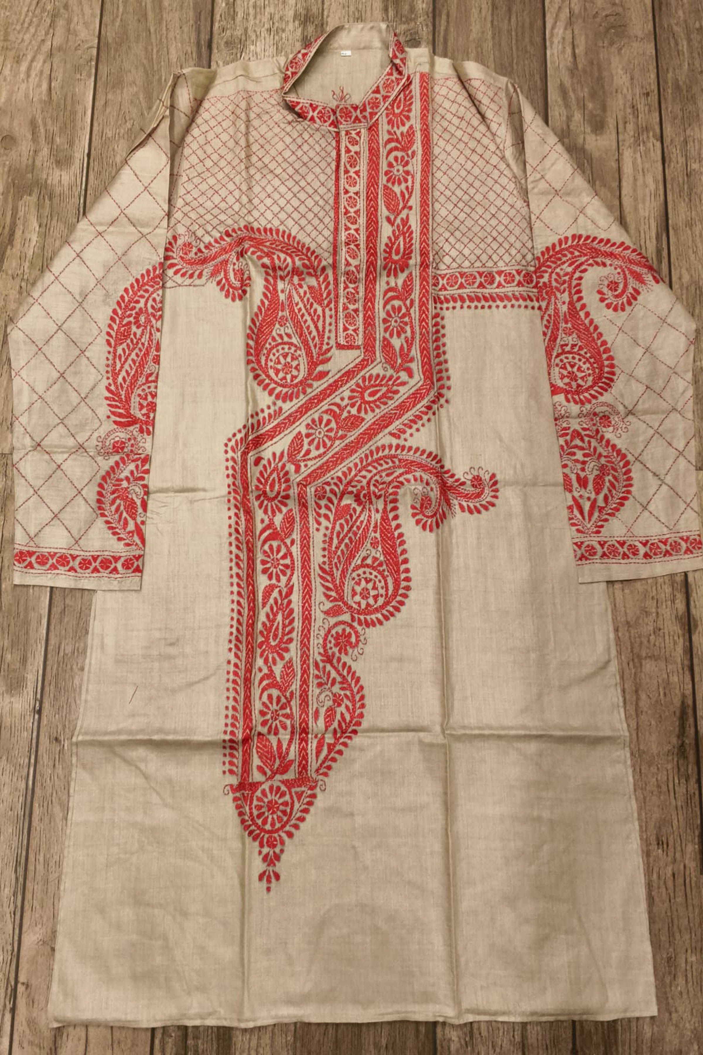 Beige Pure Tussar with Kantha Work (Hand Embroidery) Panjabi