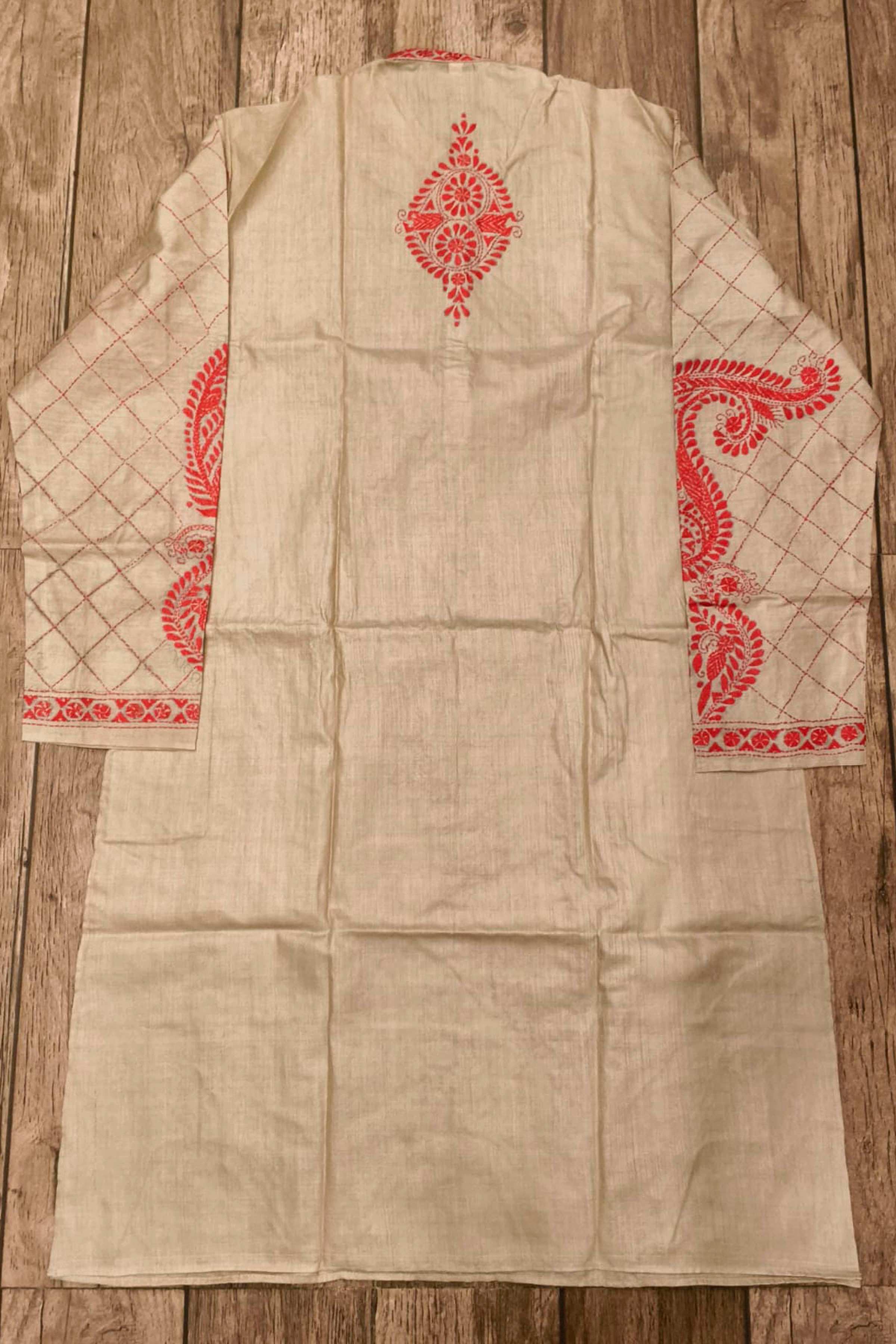 Beige Pure Tussar with Kantha Work (Hand Embroidery) Panjabi