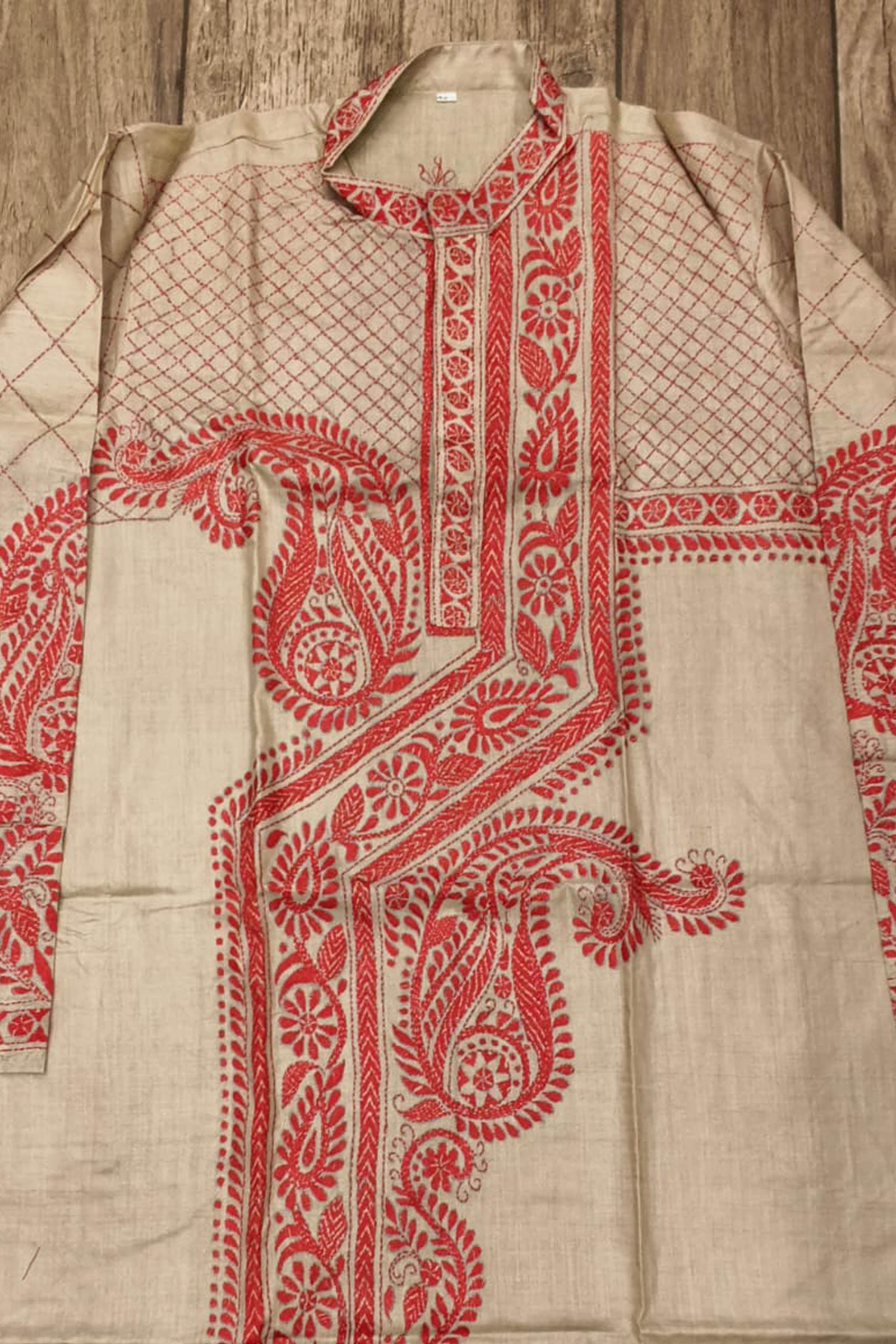 Beige Pure Tussar with Kantha Work (Hand Embroidery) Panjabi