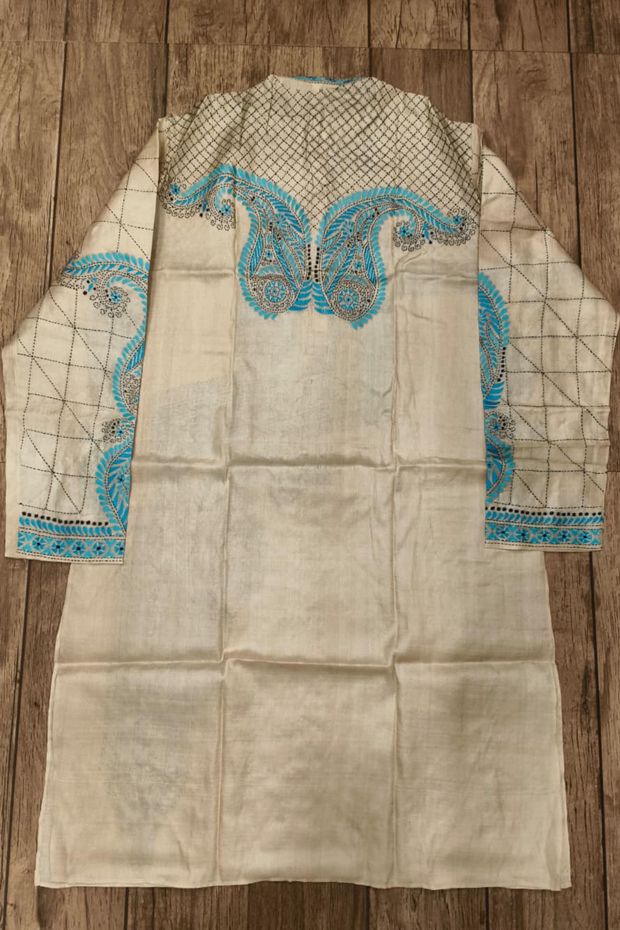 Beige Pure Tussar with Kantha Work (Hand Embroidery) Panjabi