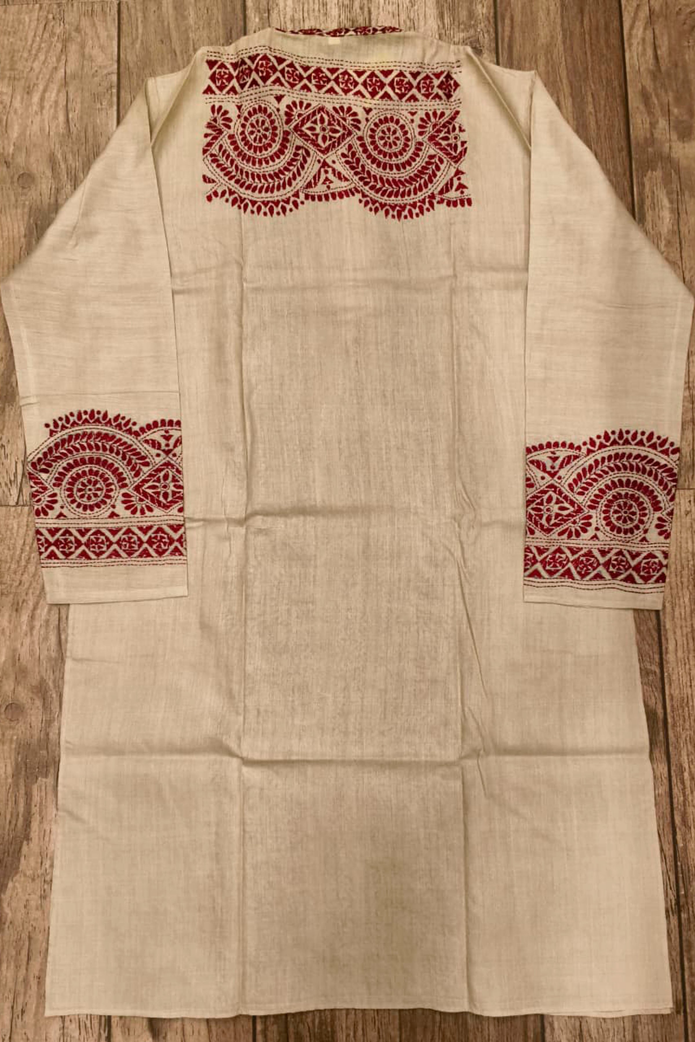 Beige Pure Tussar with Kantha Work (Hand Embroidery) Panjabi