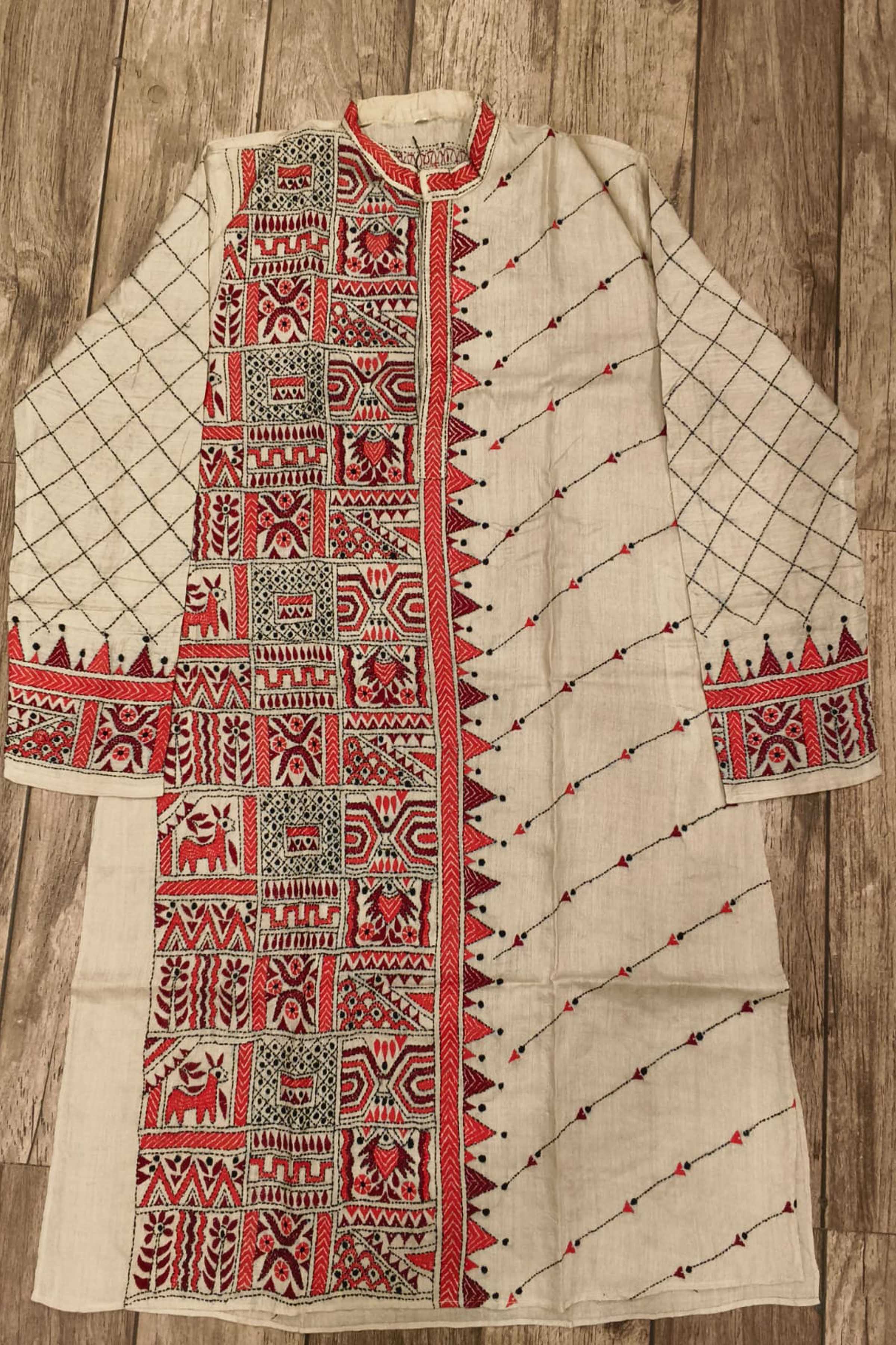 Beige Pure Tussar with Kantha Work (Hand Embroidery) Panjabi