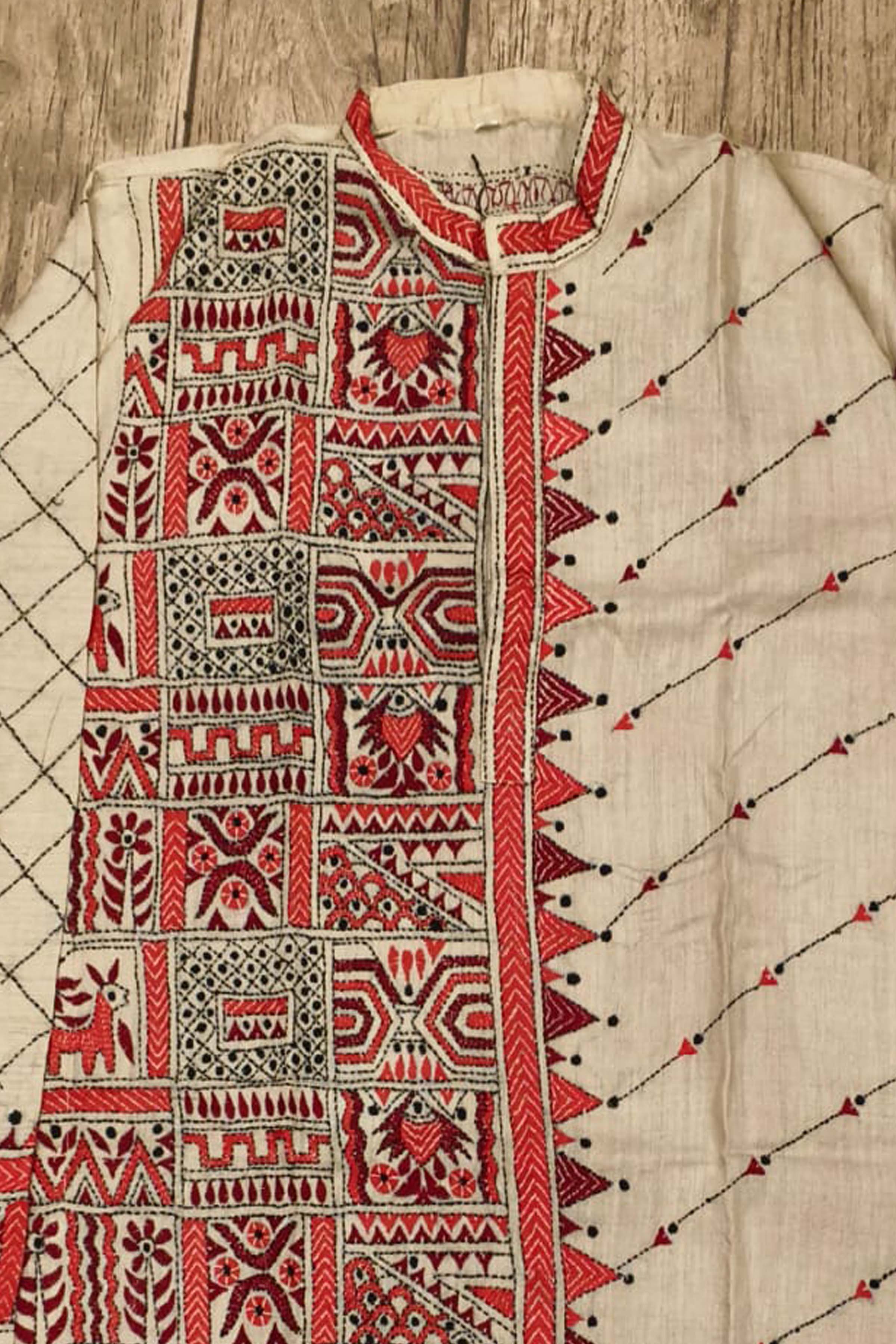 Beige Pure Tussar with Kantha Work (Hand Embroidery) Panjabi