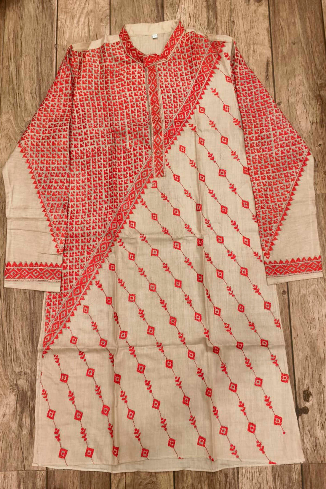 Beige Pure Tussar with Kantha Work (Hand Embroidery) Panjabi