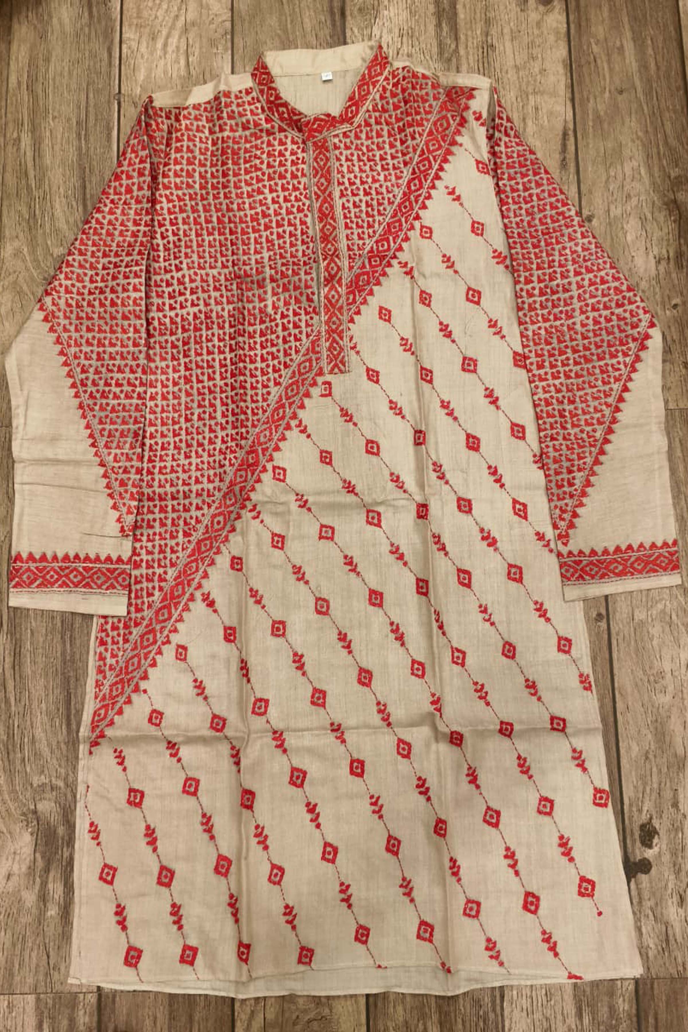Beige Pure Tussar with Kantha Work (Hand Embroidery) Panjabi