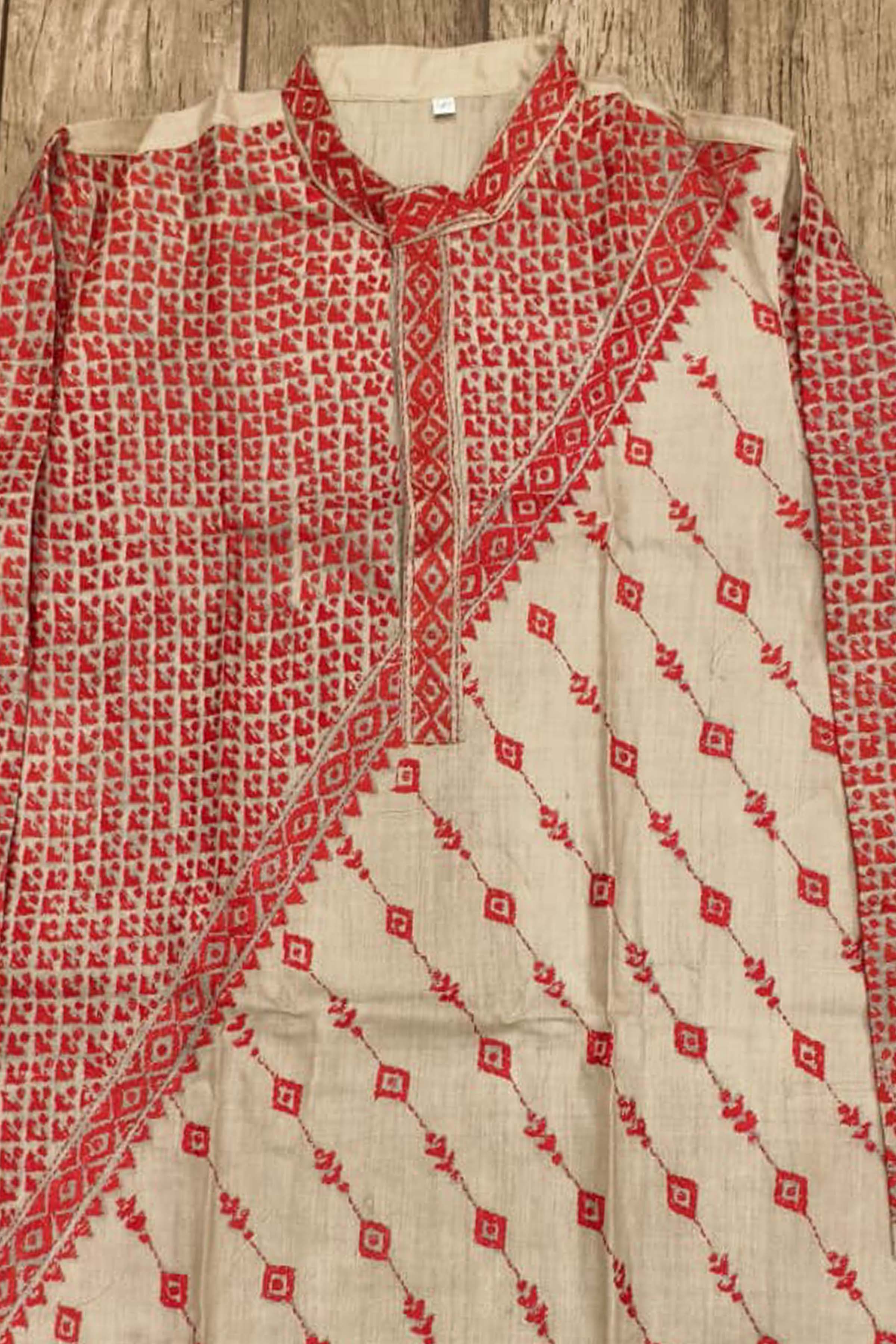 Beige Pure Tussar with Kantha Work (Hand Embroidery) Panjabi