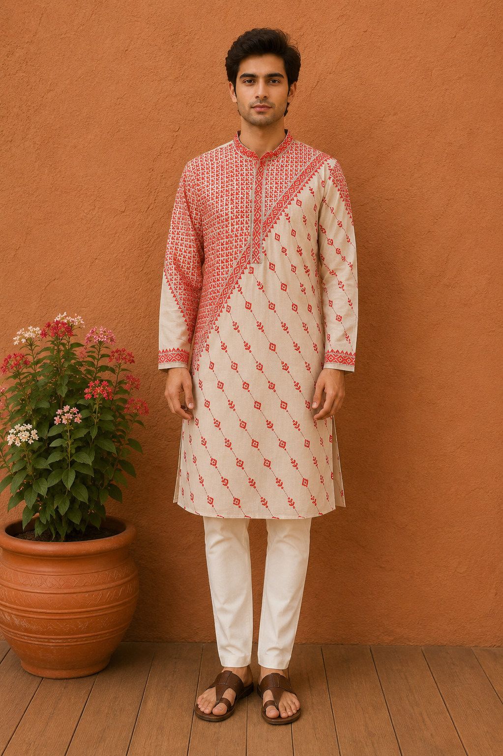Beige Pure Tussar with Kantha Work (Hand Embroidery) Panjabi