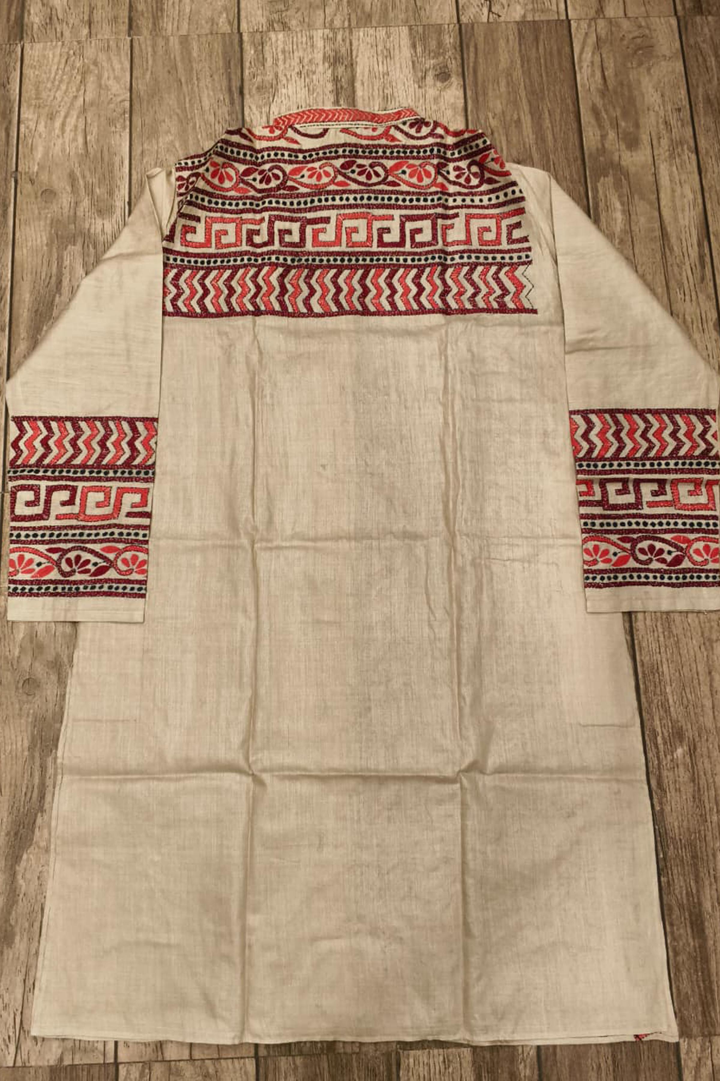 Beige Pure Tussar with Kantha Work (Hand Embroidery) Panjabi