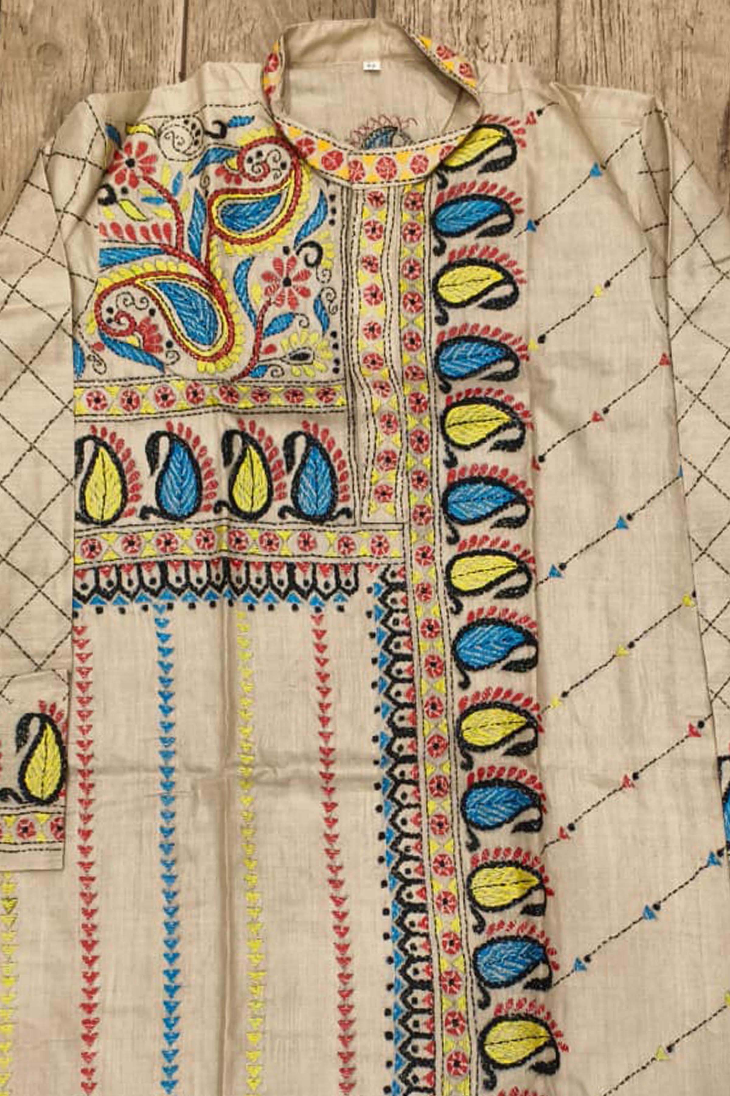 Beige Pure Tussar with Kantha Work (Hand Embroidery) Panjabi