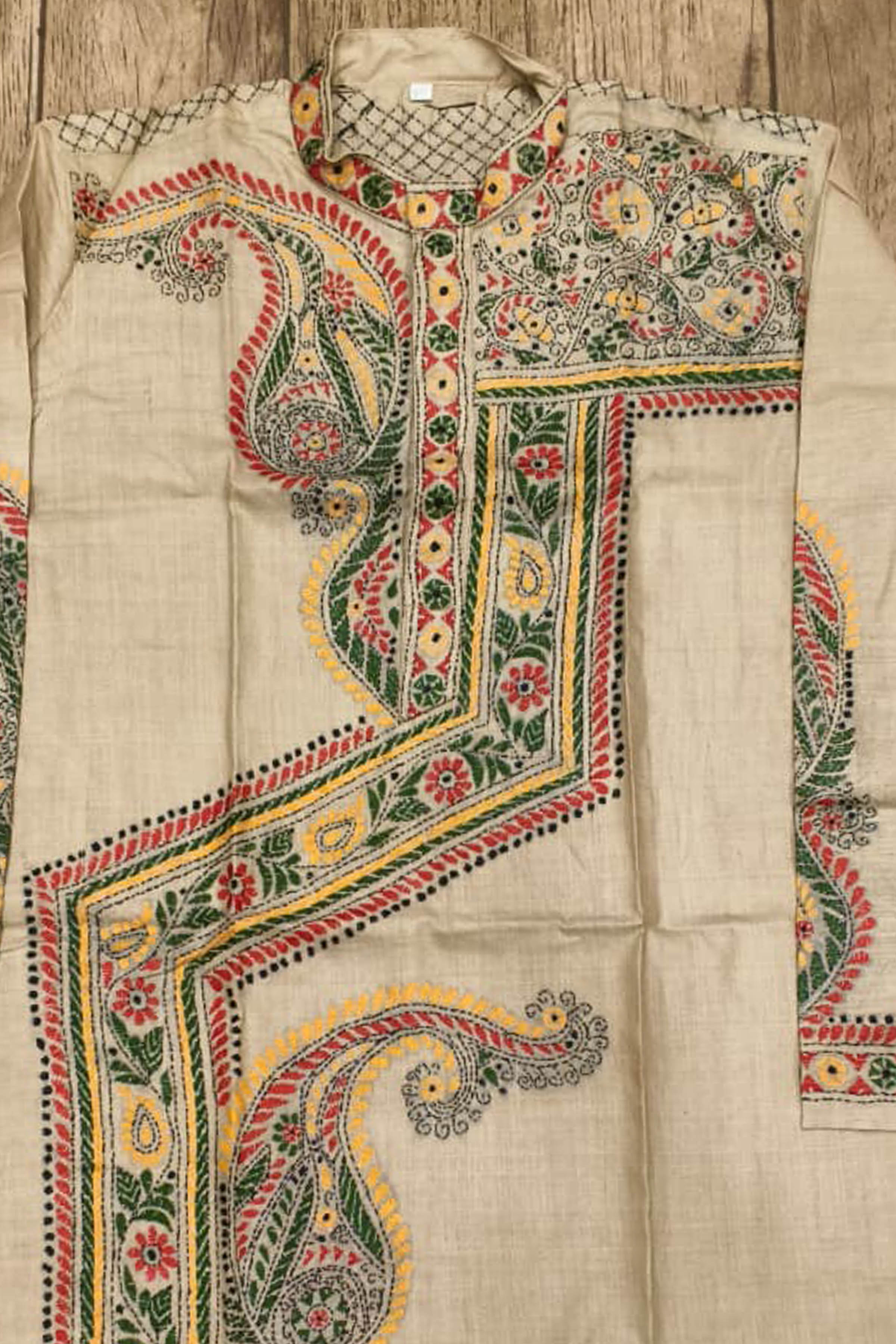 Beige Pure Tussar with Kantha Work (Hand Embroidery) Panjabi